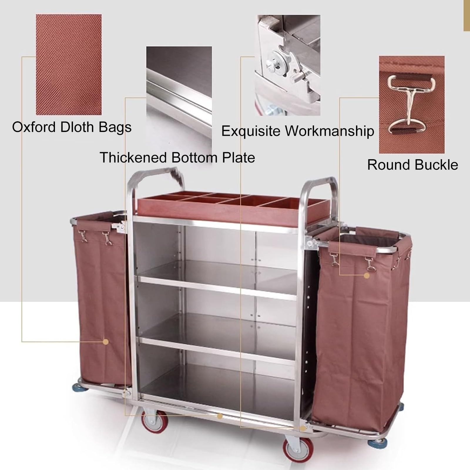 Hotel und Housekeeping-Wagen mit Rädern, Multifunktionaler Gewerblicher Reinigungswagen, Wäschekorbwagen, Abnehmbarer Stoffbeutel, Edelstahlrahmen