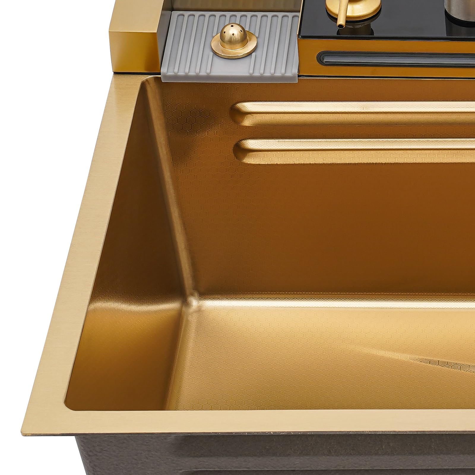 Fregadero de cocina, 75 x 46 x 22 cm, acero inoxidable, con grifo para cocina | Fregadero dorado con dispensador de jabón extensible, cascada, aspersor, función lluvia, escurridor, sifón para el hogar