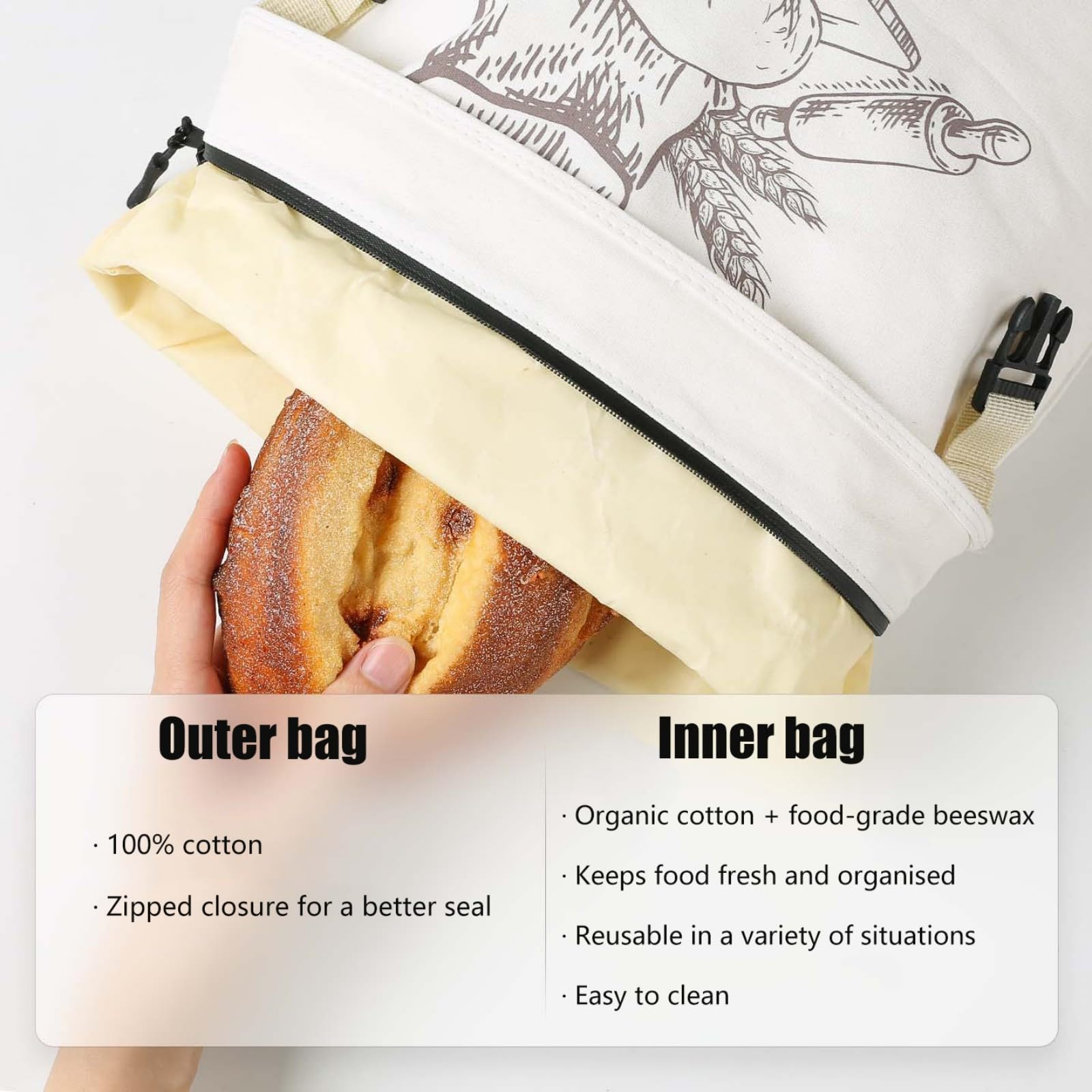 Sacchetto per il pane in cera d'api Set di 2, riutilizzabile con cerniera, sacchetti di conservazione in cotone rivestito con cera d'api naturale, beige 31,5 x 42,5 cm