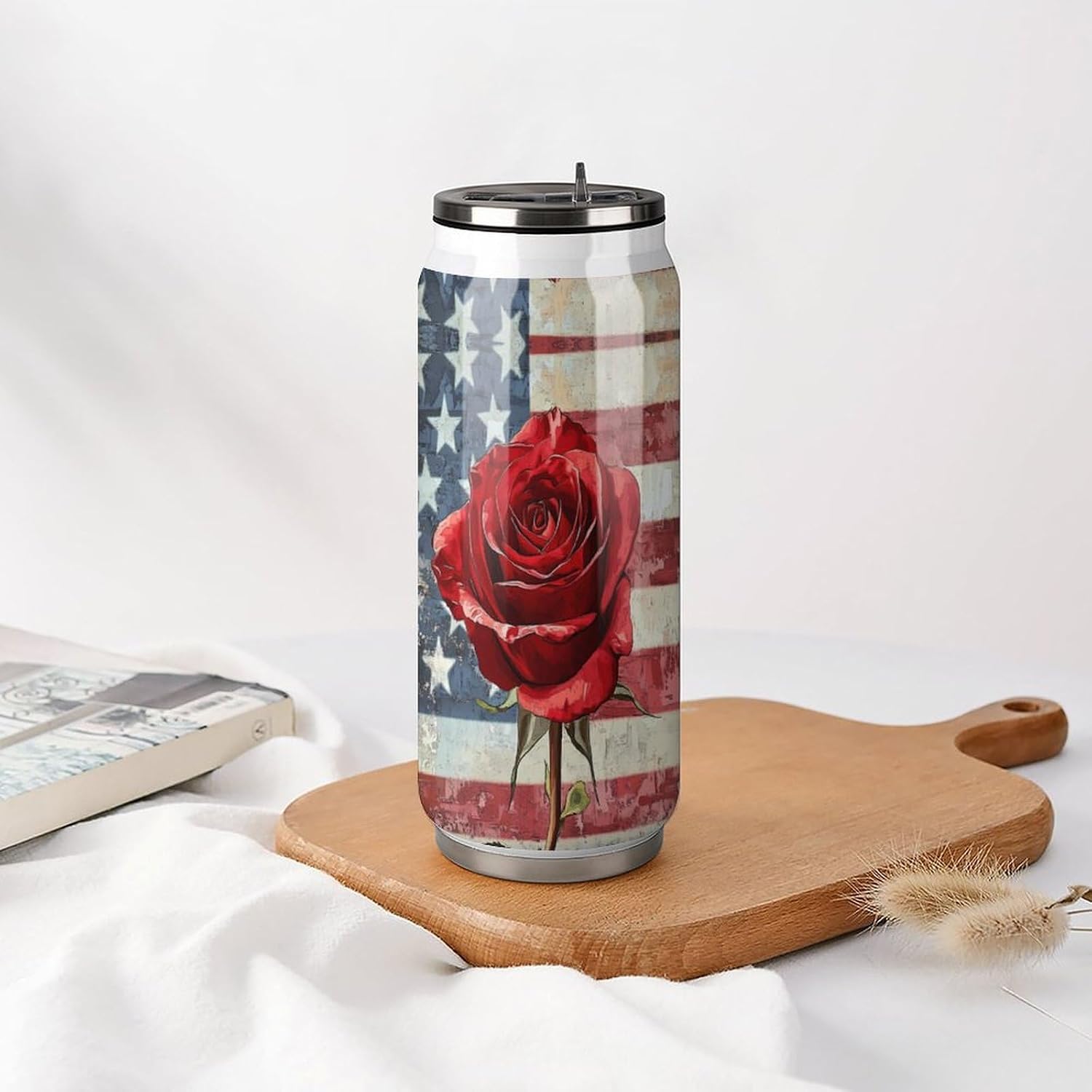 Memorial Day Rose Portable Cola Can Shaped Insulated Tumbler with Sippy Cup Lid for Hard Seltzer Beer Drinks