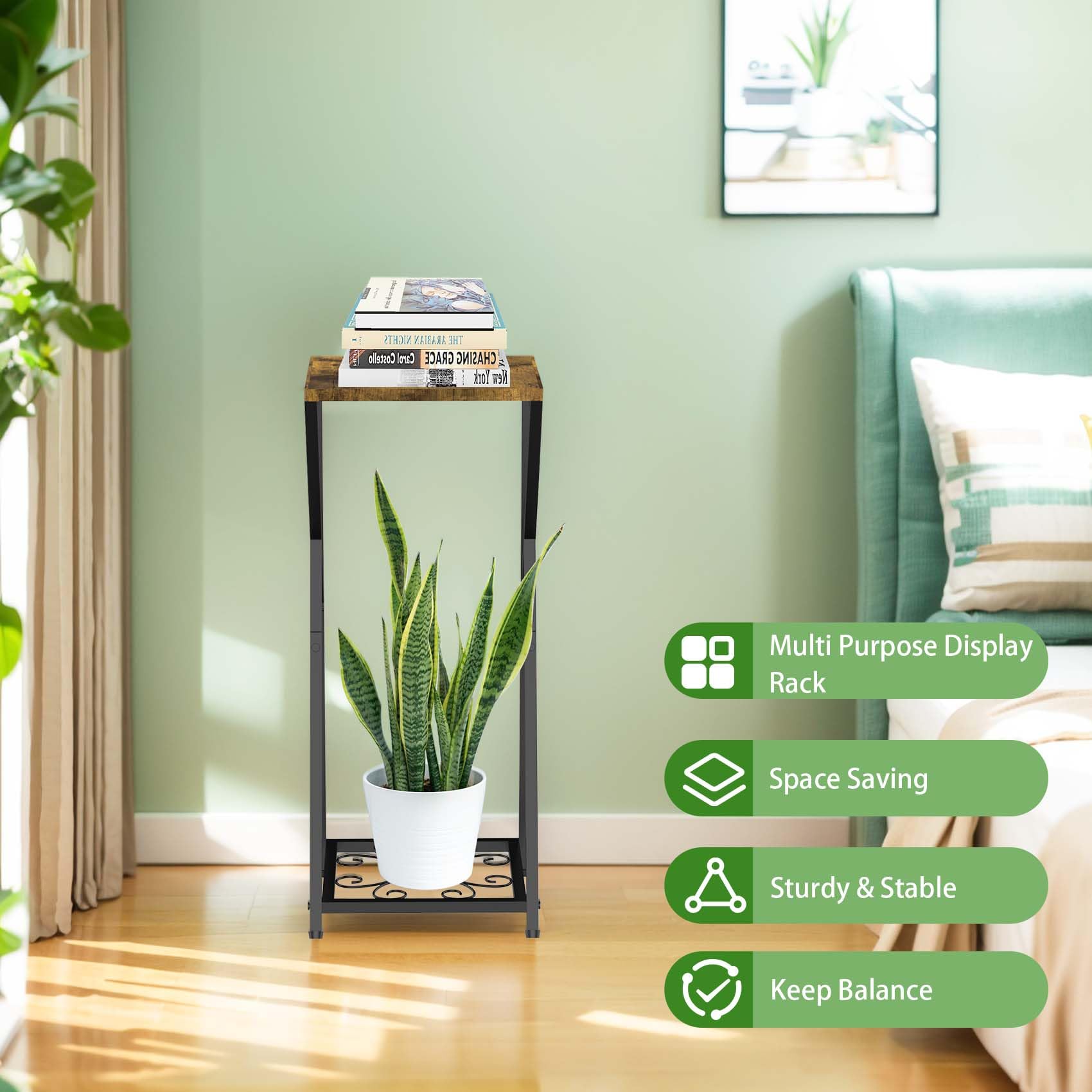 Soporte Plantas Interior de Metal Madera, Estanteria para Plantas de 2 Niveles, Pedestal Maceteros Decorativo Moderno para Sala de Estar, Terraza, Esquina, Balcón, Jardín