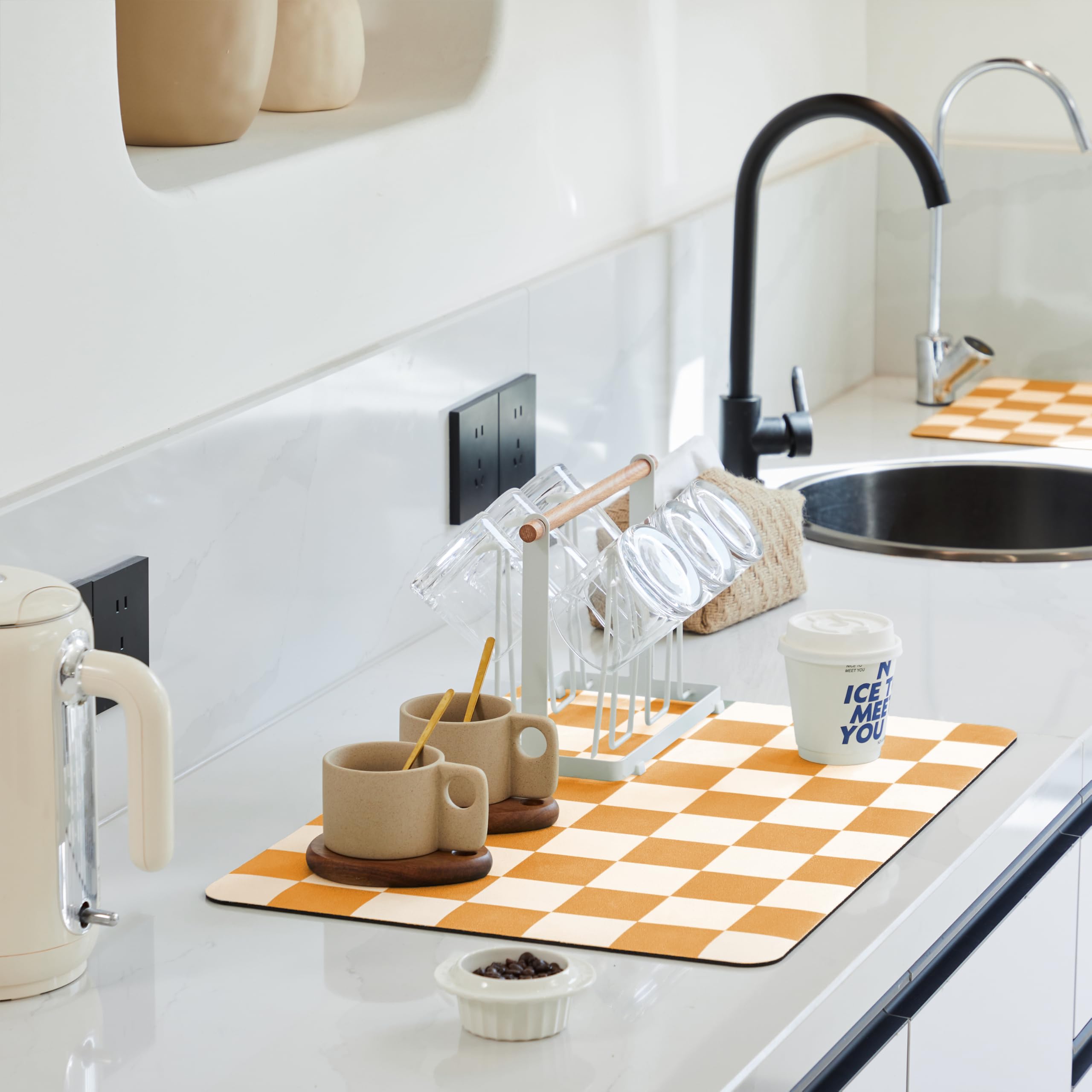 Ohocut Checkered Dish Drying Mat for Kitchen Counter, Coffee Bar Station Accessories, Retro Cute Aesthetic Modern Absorbent Drainer Mat Kitchen Drying