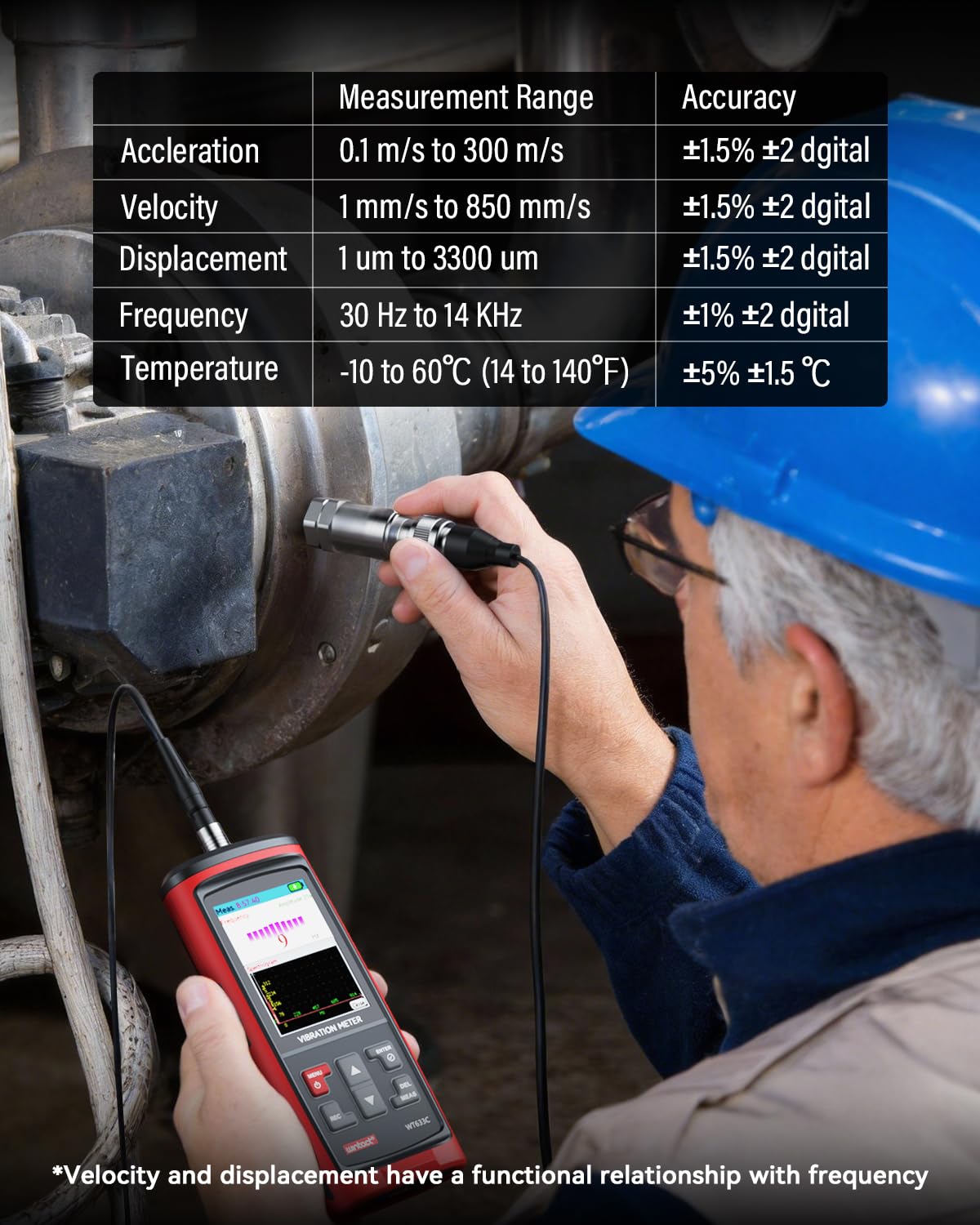 Vibrometro Wintact, analisi delle misurazioni delle vibrazioni meccaniche, accelerazione, velocità, spostamento, temperatura per motori, generatori, pompe, compressori (WT633C)