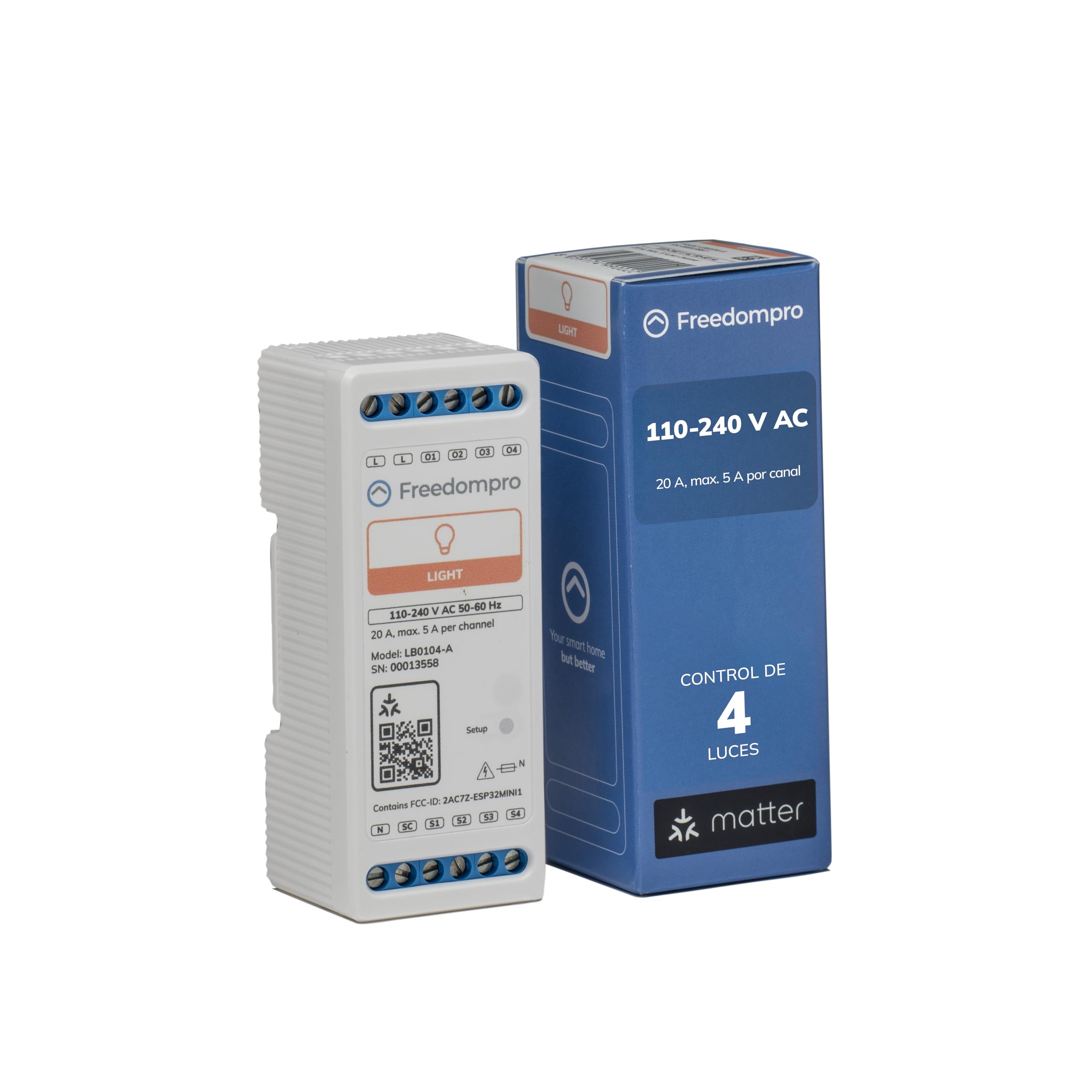 Freedompro DIN Interruptor Relé WiFi para Luces Inteligentes, Controla 4 Luces, Compatible con HomeKit, Matter, Google Home, Alexa, Domótica, Mide el Consumo, 110-240V, 20A, para Carril DIN