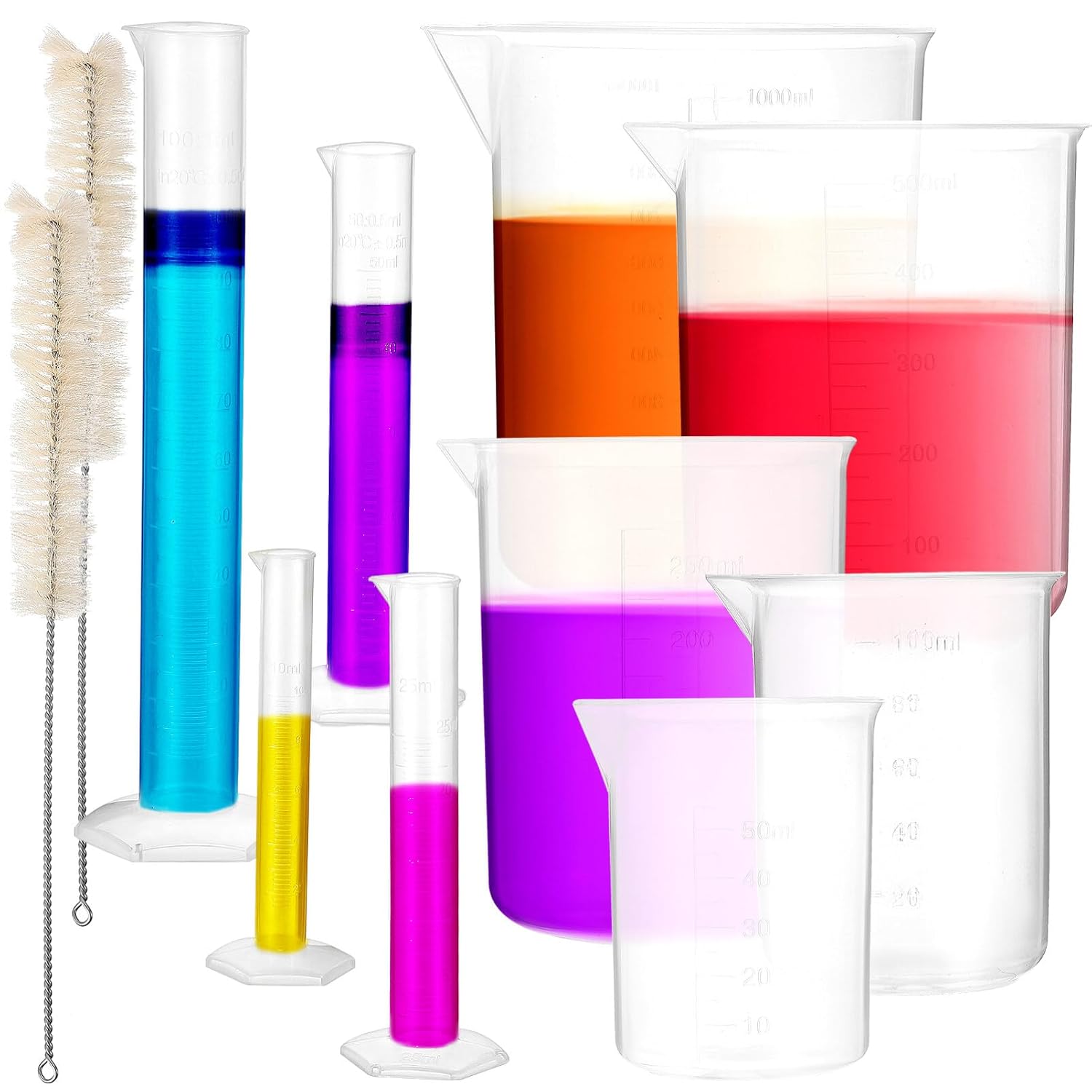 iplusmile 13pcs Graduated Cylinders and Beakers Set Liquid Measuring Tools with Test Tube Brushes for Lab Experiments Includes Graduated Cylinders and Beakers