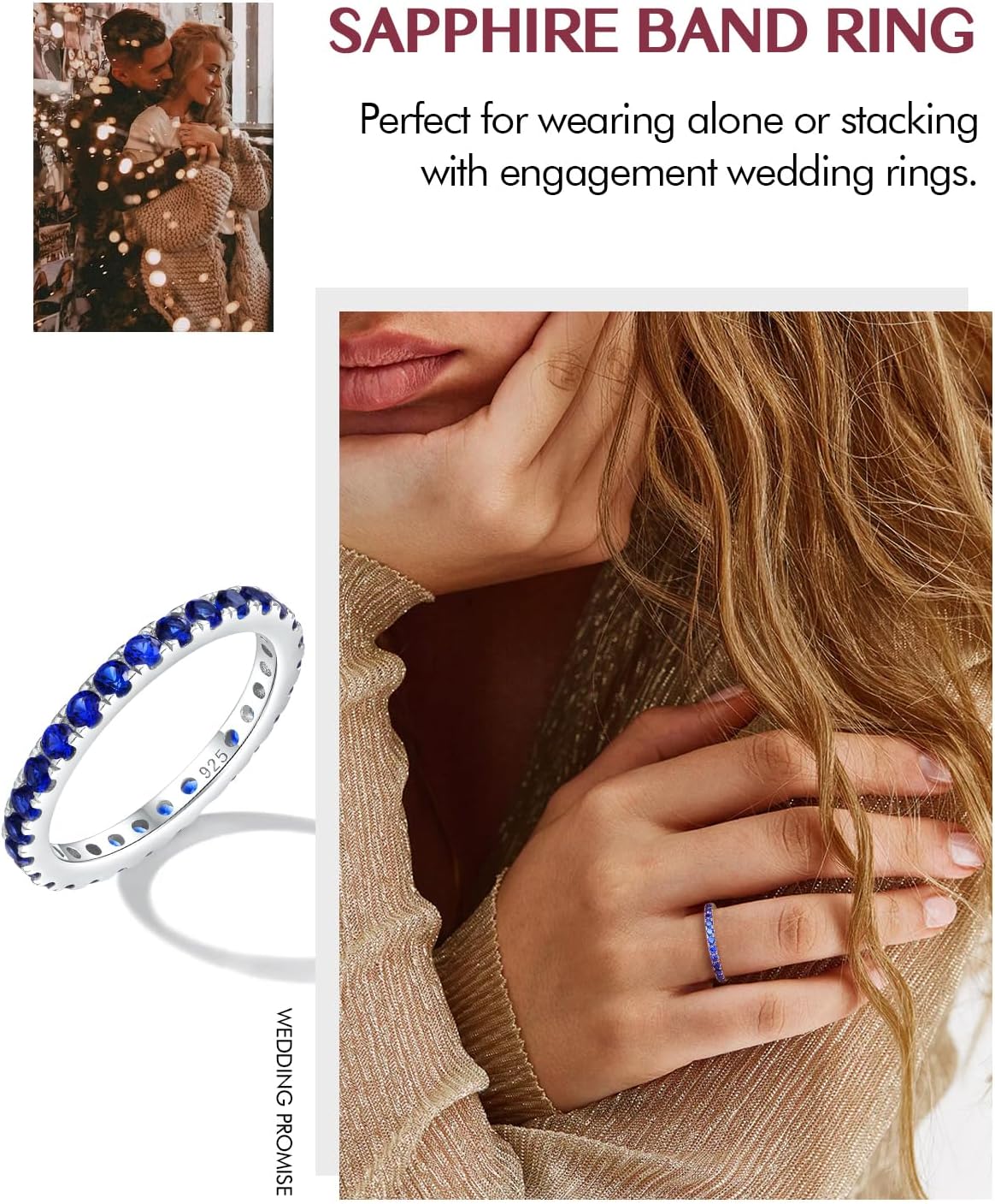 DAYBYDAY Sapphire/Emerald/Ruby Full Eternity Band Rings for Women, 2.4mm Thin Birthstone Stackable Rings, 925 Sterling Silver/14K Gold Plated Gemstone Wedding Band Anniversary Ring Size 6 to 10