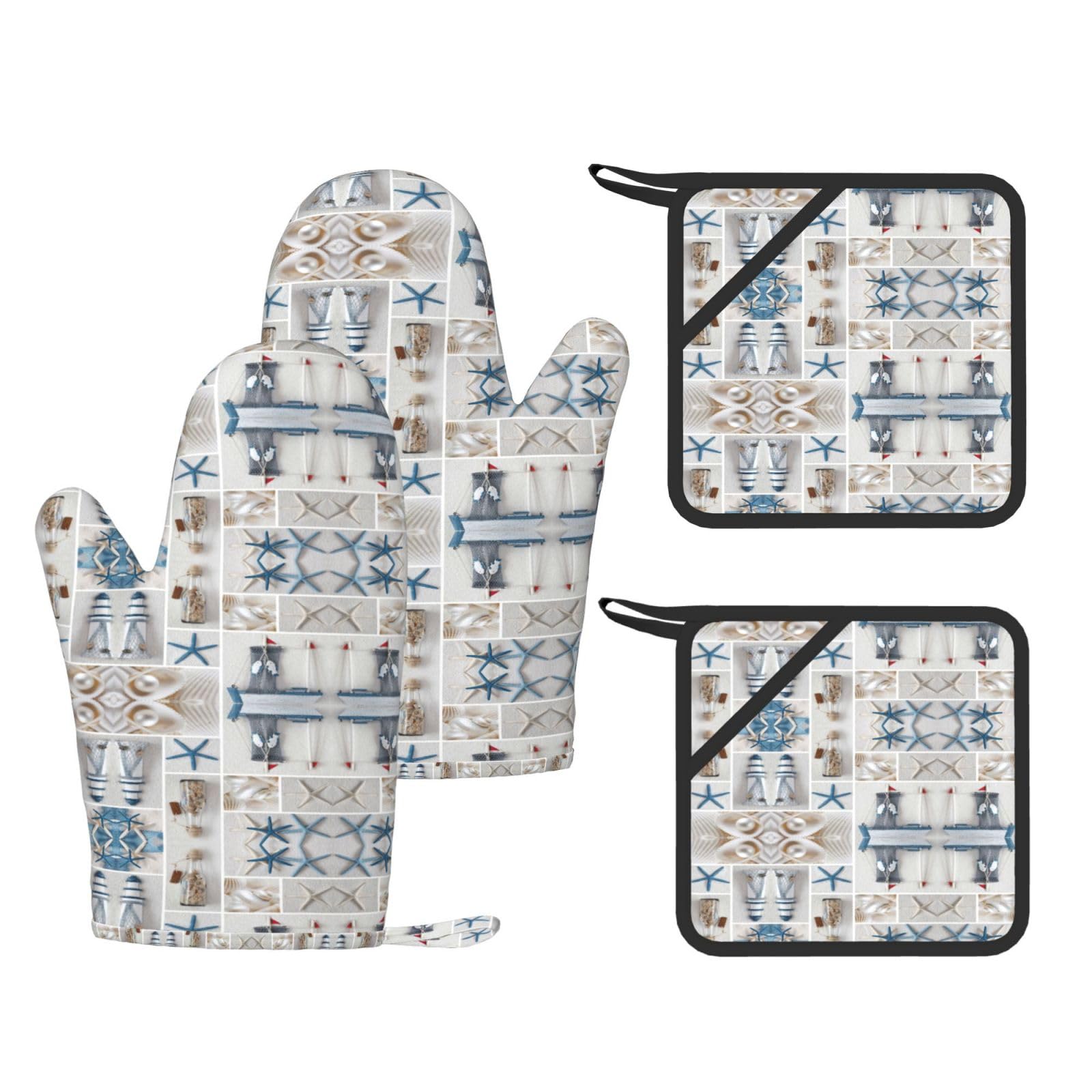 Bottle Seashell Starfish Lighthouse Printed Pot Holders and Oven Mitts 4-Piece, Non-Slip Kitchen Gloves with Utensil Pocket for BBQ