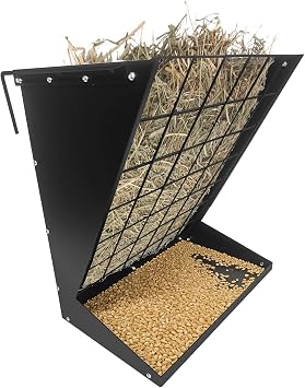 Wall Mount Hay Feeder, 2 in 1 Hay & Grain Livestock Feeder Rack, Heavy Duty Hanging Feeders Hay Rack with Adjustable Distance, Hay Holder for Goats, Sheep, Horse, Cattle, Sheep, Indoor Outdoor
