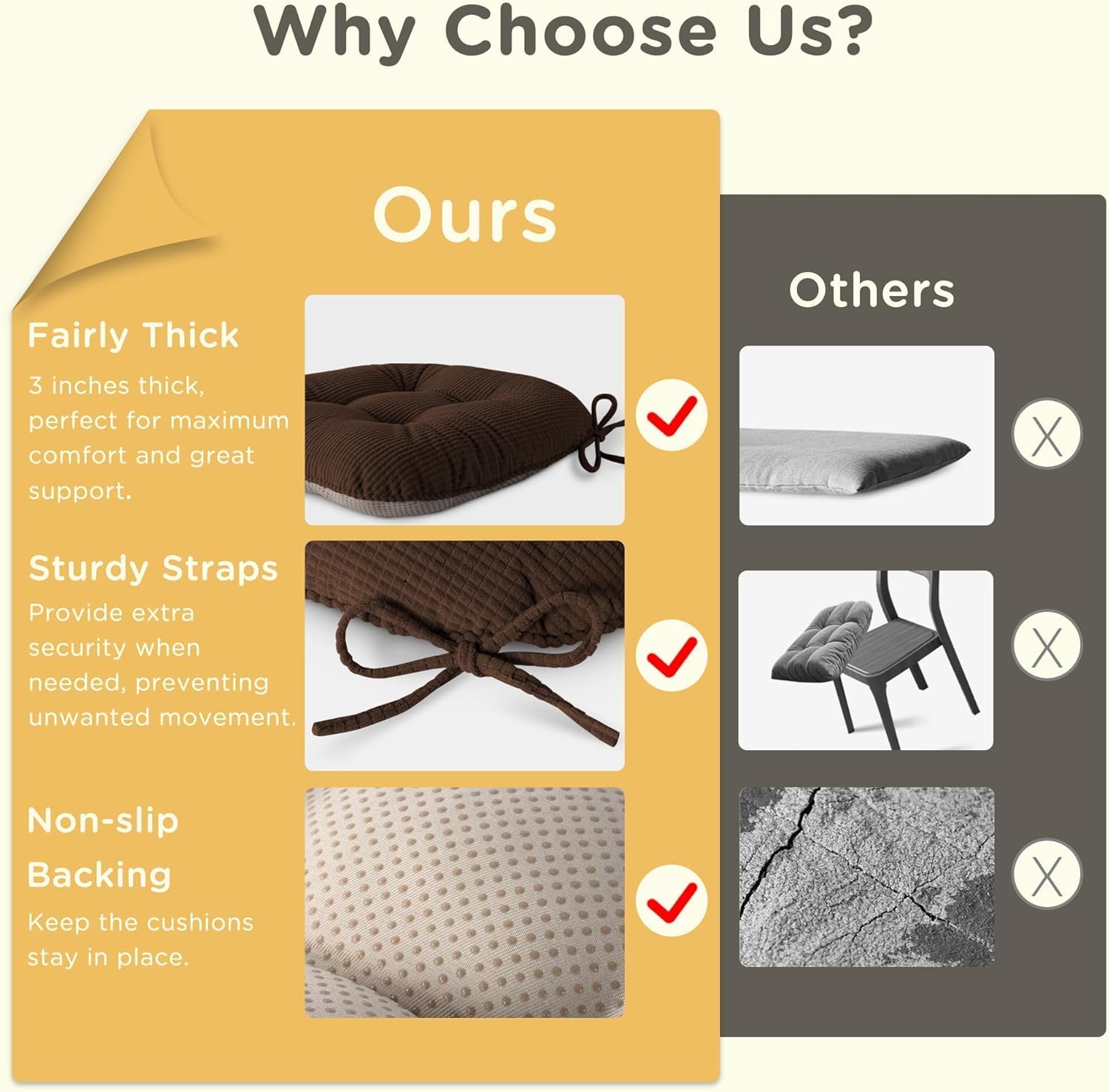 Indoor Dining Chair Cushions Set of 2 Kitchen Chair Pads with Ties Tufted Seat Cushion with Anti-Slip Backing 17"X16"X3" Coffee