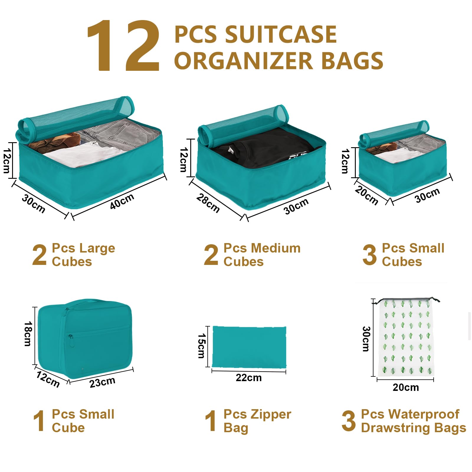 Packing Cubes - Organizer per valigie, 12 pezzi, grandi borse per bagagli, viaggi in famiglia, conservazione a casa (12, azzurro)