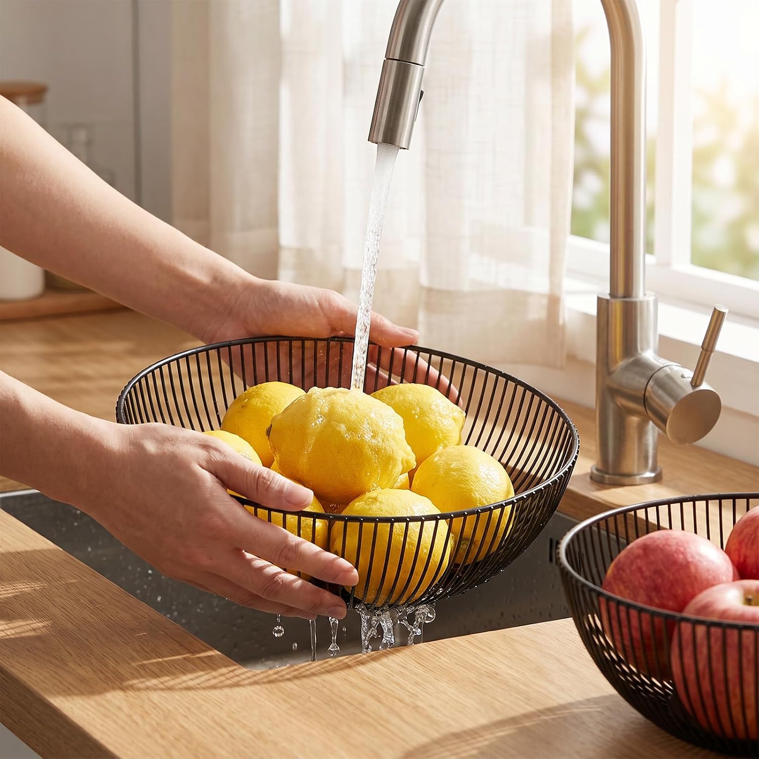 2-Pack Black Round Wire Basket Fruit Bowl for Kitchen Counter - 10.8" Diameter Rust-Proof Metal Organizer for Fruits, Vegetables, Snacks, Bread