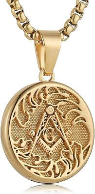 HZMAN Freemasonry Symbol Round Medal Pendant Necklace - Gold/Silver Stainless Steel Masonic Jewelry Gift for Men & Women