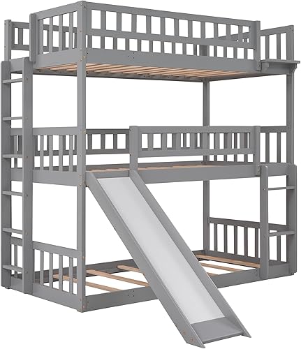 Miniatura 1 de Literas triples 3 camas en 1 con tobogán convertible literas de madera maciza individual sobre individual sobre individual litera triple con