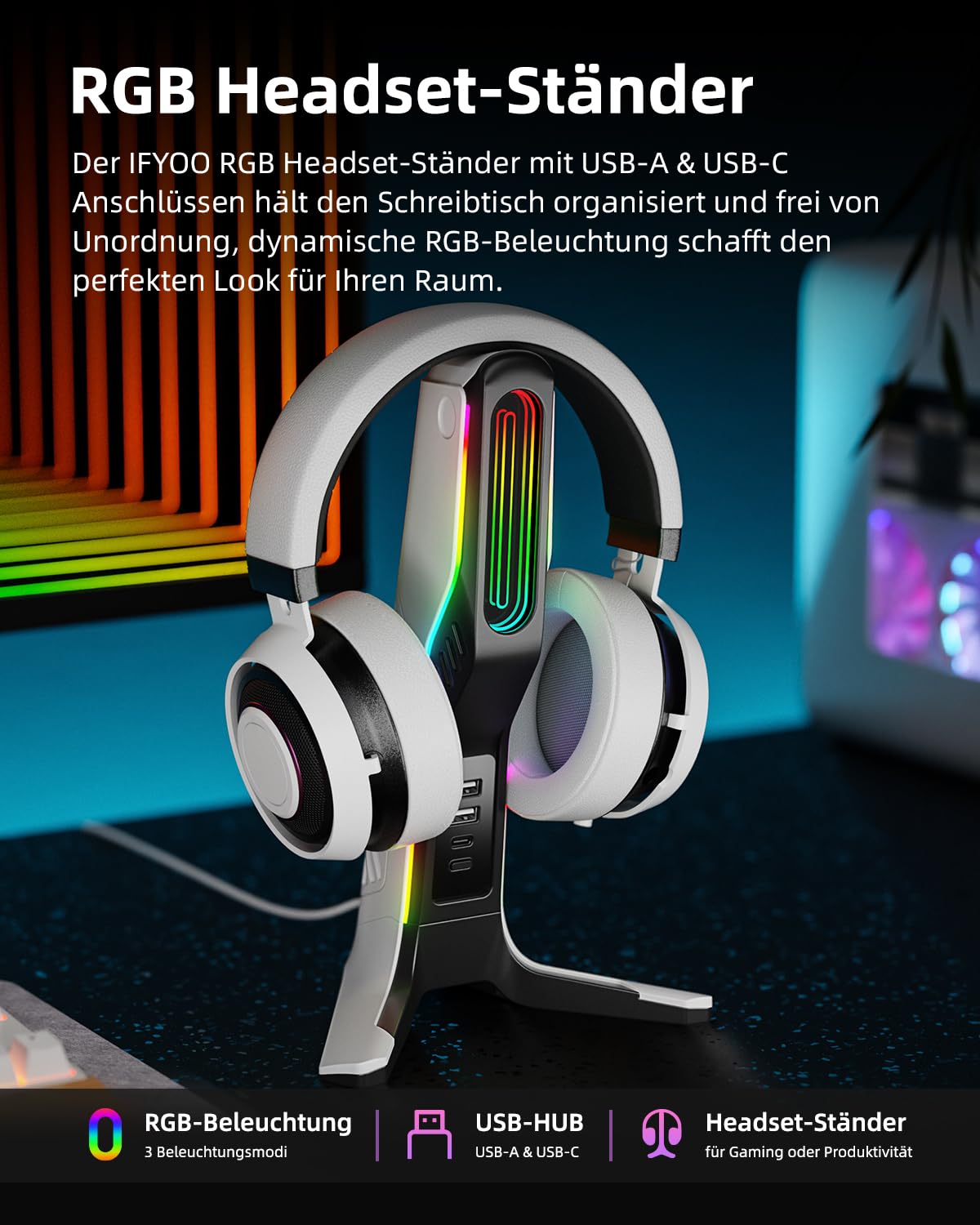 RGB-Gaming-Headset-Ständer mit 2 USB- und 1 Typ-C-Anschlüssen, Spiel-Kopfhörer-Halterung für PC, Xbox One, Xbox Serie S/X, PS5, PS4, Kopfhörer-Halterung, Schreibtisch-Gamer-Zubehör, Schwarz und