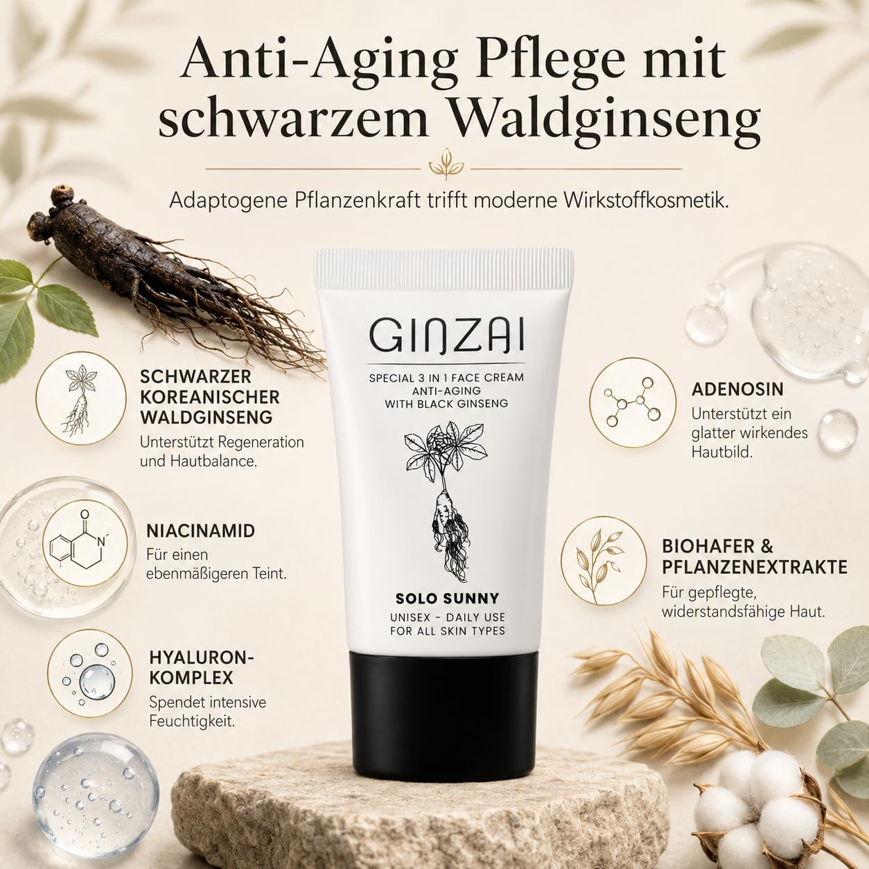 Solo SUNNY 3 w 1 krem na dzień z filtrem SPF 50+/PA+++, czarny koreański żeń-szeń, niacynamid i kwas hialuronowy, do wszystkich rodzajów skóry, 50 ml