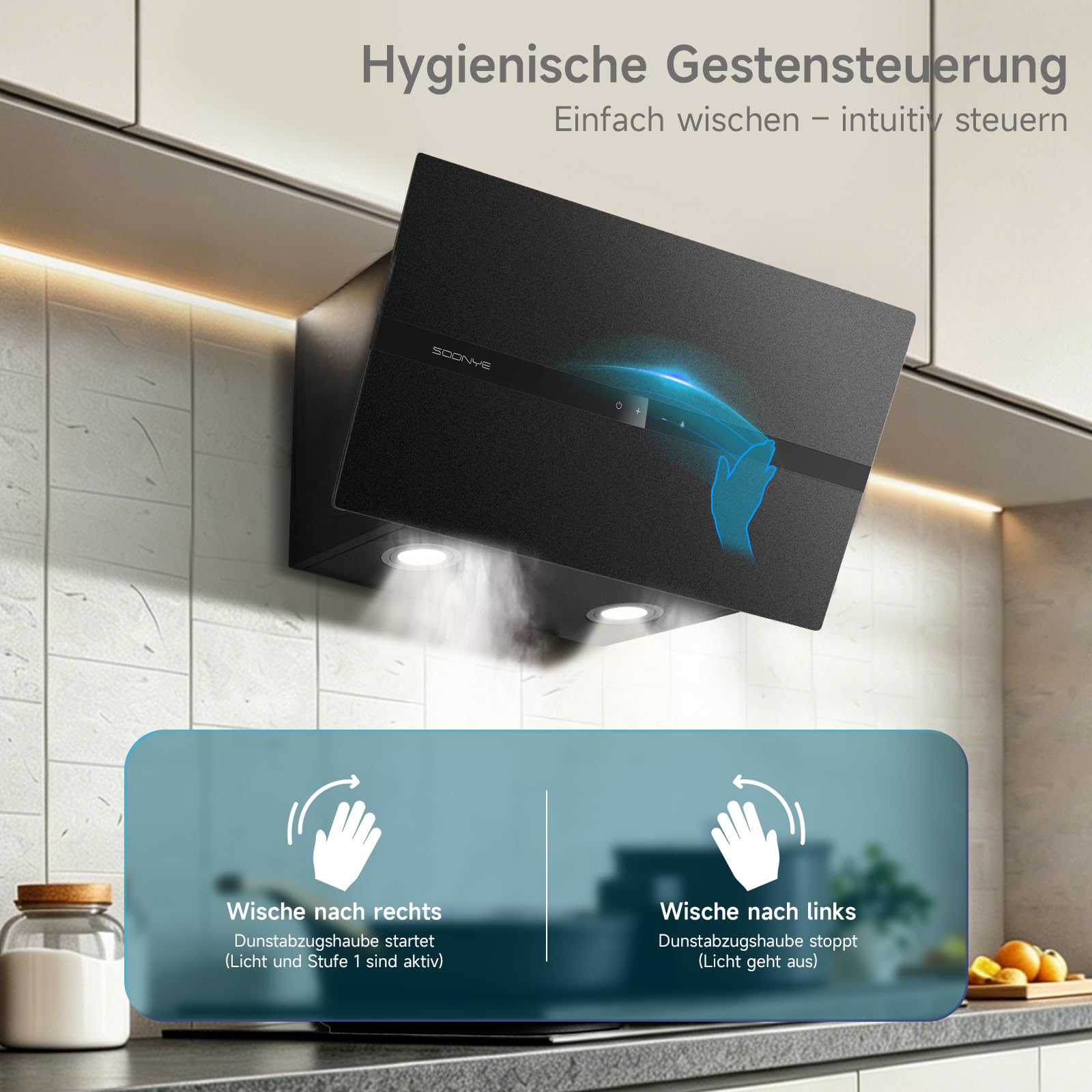 A+++ Dunstabzugshaube 60cm Umluft,Kopffrei Schräghaube 700 m³/h,Gestensteuerung,Touchscreen,Abluft Wandmontage Wandhaube Abzugshaube,Schwarz Mattglas Kopffreihaube