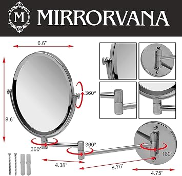 Wall Mounted Bathroom Makeup & Shaving Mirror, Double Sided 5X & 1X Magnification, 13-Inch Extension Swivel Arm, Oval 6.6 x 8.6 Glass Area, Chrome