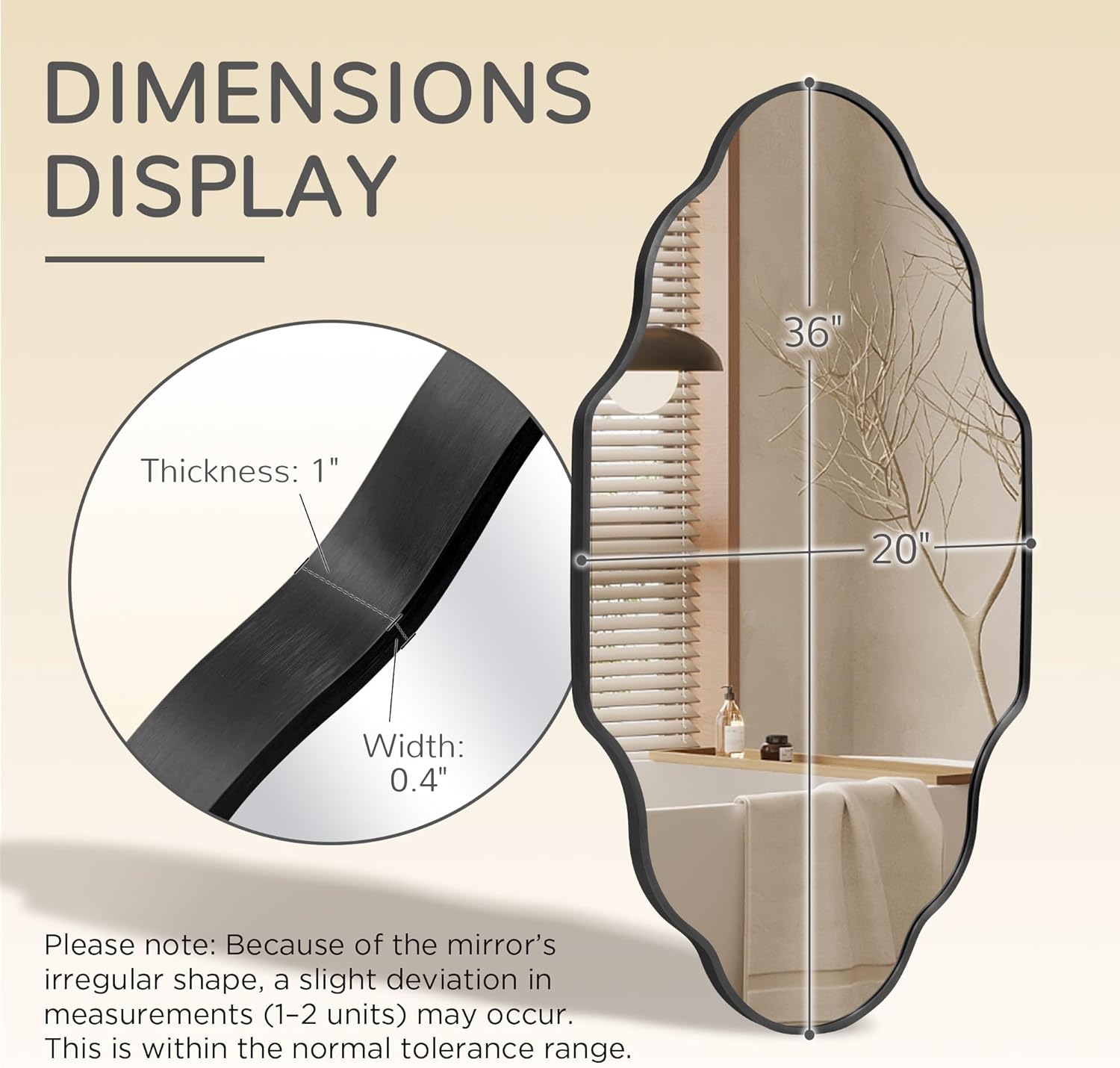 Black Scalloped Bathroom Mirror, Irregular Wall Mirror with Brushed Metal Frame, HD Glass Decorative Mirror for Wall Decor, Vanity Mirror for Bathroom, Bedroom & Entryway (20" x 36", 1 Pack)