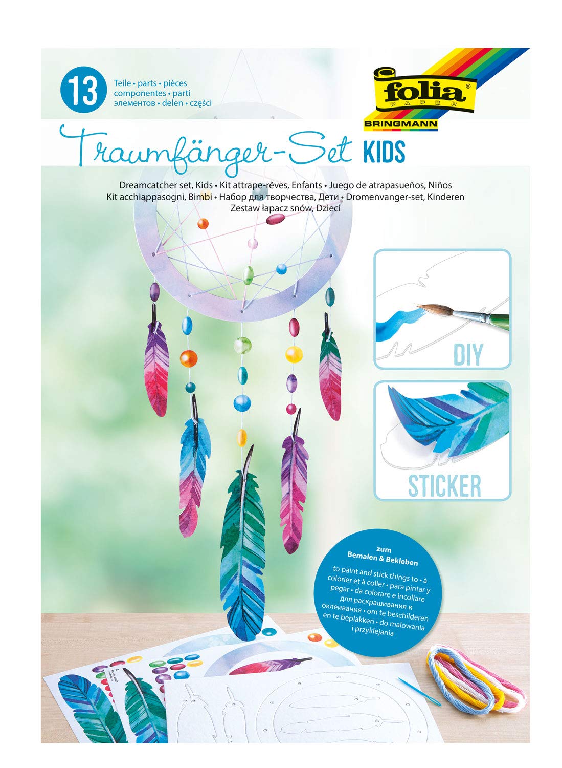 folia 21903 Children's Dream Catcher Set Complete Set for Making a Dream Catcher Made of Cardboard with Punched Pieces, Stickers, Embroidery Thread and Embroidery Needle