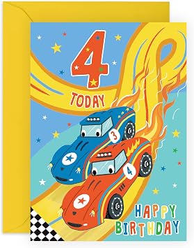 CENTRAL 23 4th Birthday Card Boy - Racer Car Birthday Cards For Son Age Four - Milestone Baby Cards Four Year Old - Fourth Birthday Cards - With Fun Stickers - Made in UK