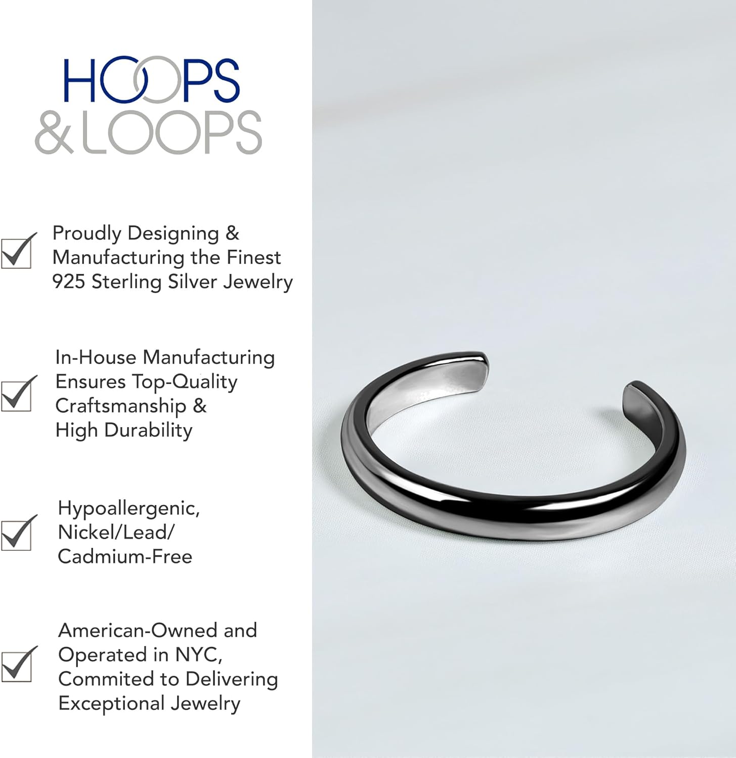 Hoops & Loops 925 Sterling Silver Open Toe Ring for Women & Men, Minimalist Adjustable Band, Tarnish Resistant, Hypoallergenic, Black