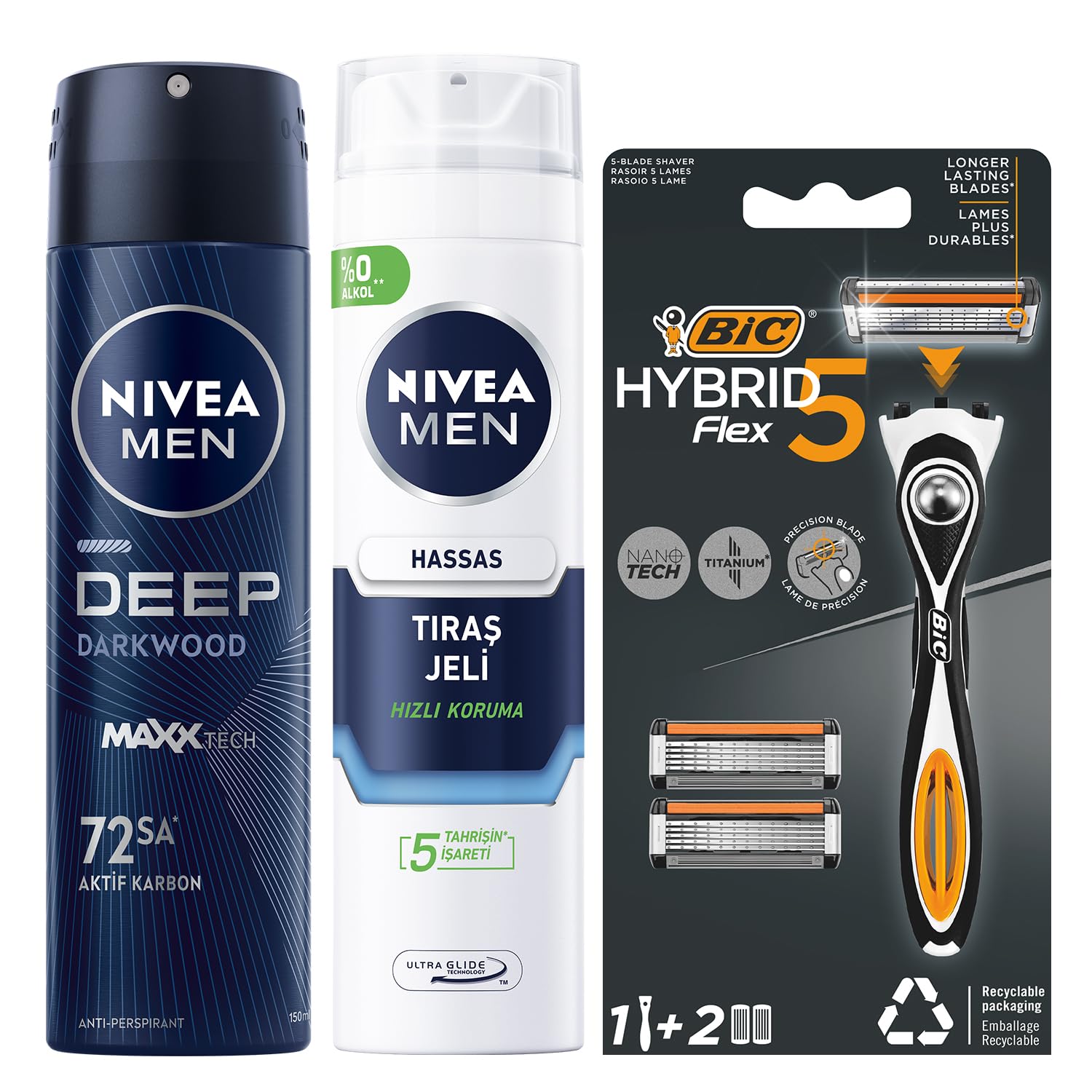 NIVEA MEN Erkek Sprey Deodorant Deep Dimension Darkwood 150ml + Tıraş Jeli 200 ml + BIC Hybrid 5 Flex Erkek Tıraş Bıçağı 1 Sap ve 2 Yedek Başlık (5 Bıçak)