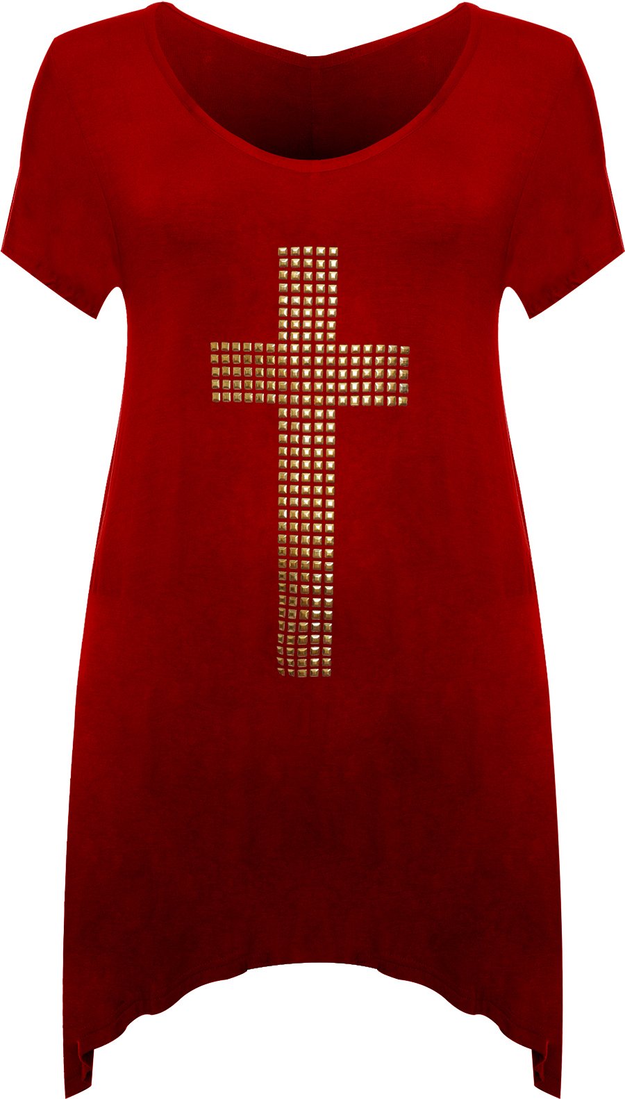 WearAll Womens Plus Stud Cross Hanky Hem Tunic Ladies Short Sleeve Long Top - Wine - 18