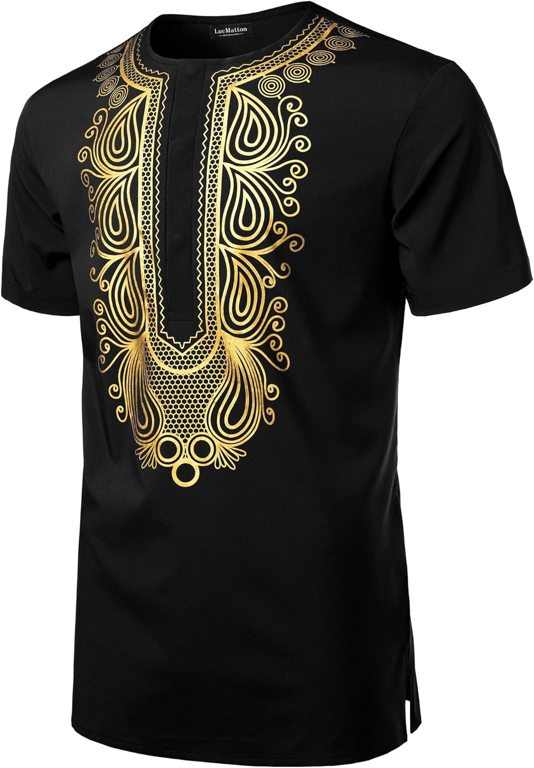 LucMatton Men's African Short Sleeve Hidden Button Shirt Metallic Foil Stamping Dashiki T Shirt​ - Image 2