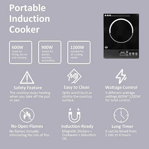 Miniatura 2 de Placa de cocción de inducción portátil, placa de cocción eléctrica de inducción táctil con sensor de 1200 W, bobina de calefacción de 6.7 pulgadas,