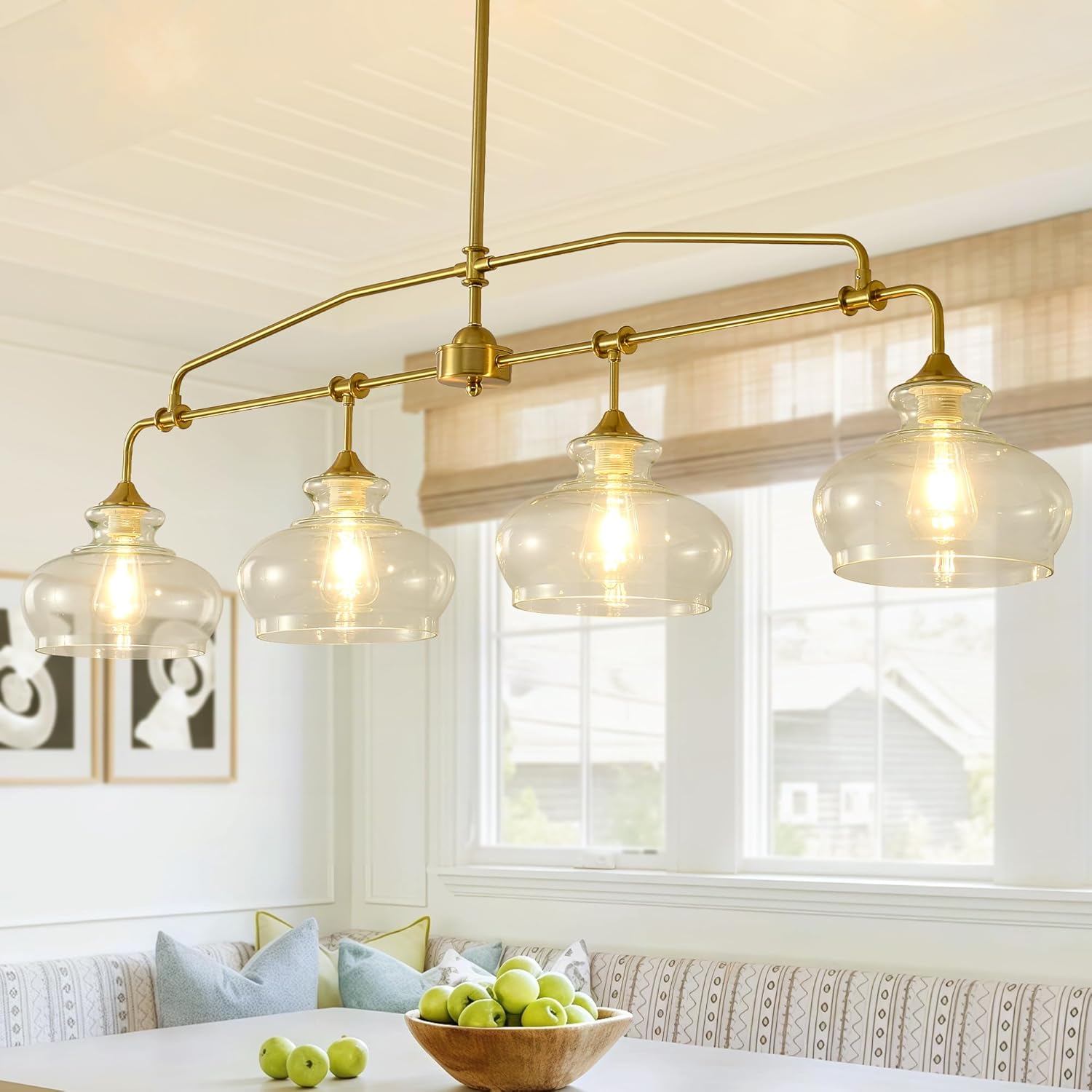 Adjustable Kitchen Island Pendant Light, 4-Lights Brass Farmhouse Chandelier with Clear Glass Shade, Dimmable Hanging Light for Dining Table, Bar (58.46in)