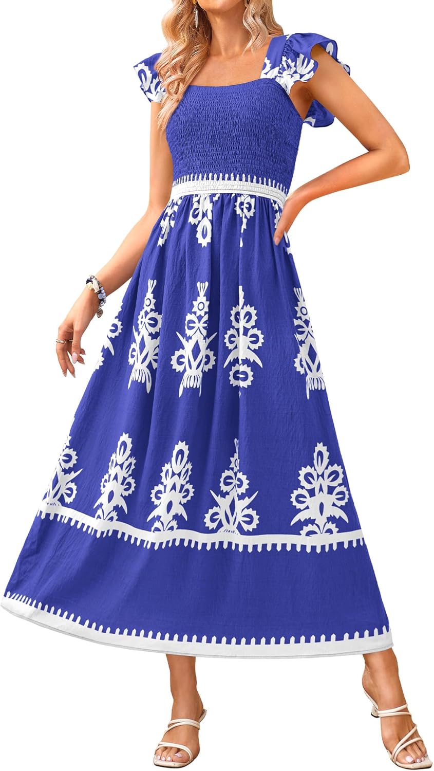 BTFBM Summer Dresses for Women 2026 Floral Smocked Boho Sleeveless Square Neck A Line Casual Beach Maxi Dress Pockets