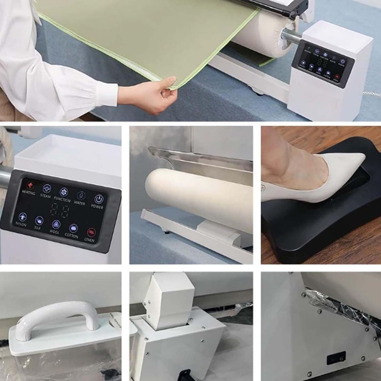 Drehbügelmaschine mit Fußpedalsteuerung, 5 Stoffeinstellungen, Touchscreen zum effizienten Bügeln von Bettlaken, Kissenbezügen, Servietten und mehr