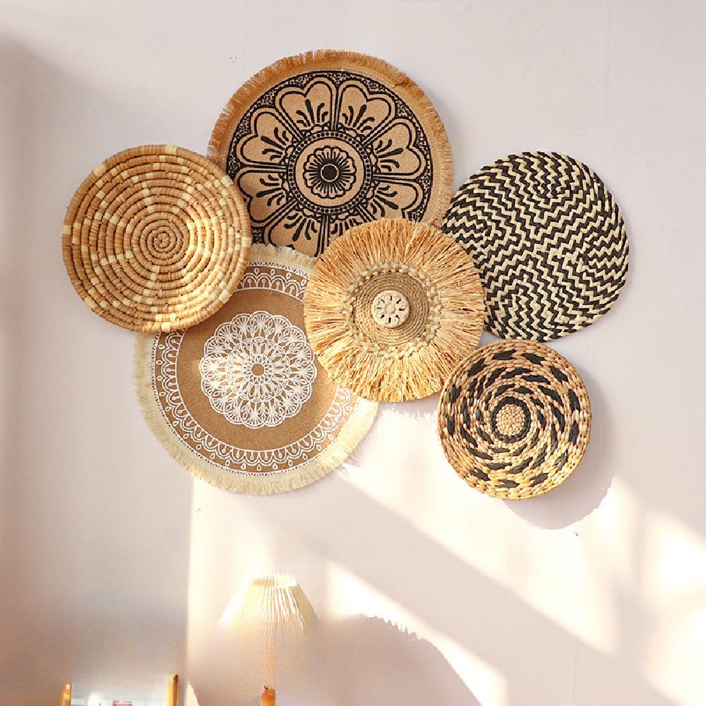 PickMeYA Bohemian Style Handcrafted Woven Straw and Rattan Wall Décor, Set of 6, Ideal for Living Room and Dining Room Background Wall Decoration in Home, Airbnb, or Hotel (Set One (6 pieces))