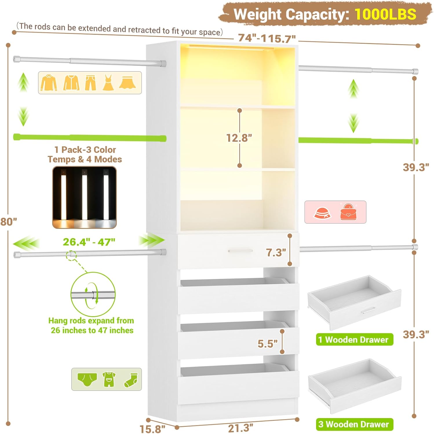 Aheaplus Closet System with Closet Sensor Lighting, 4-9Ft Closet Organizer with 4 Wooden Drawers, Wood Closet Organizer System with Tower, Walk-in Closet Wardrobe Organizer with 4 Hanging Rods, White