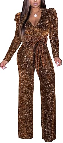 Women's Sparkly Jumpsuits Sexy Long Sleeve Cocktail Elegant Mock Neck