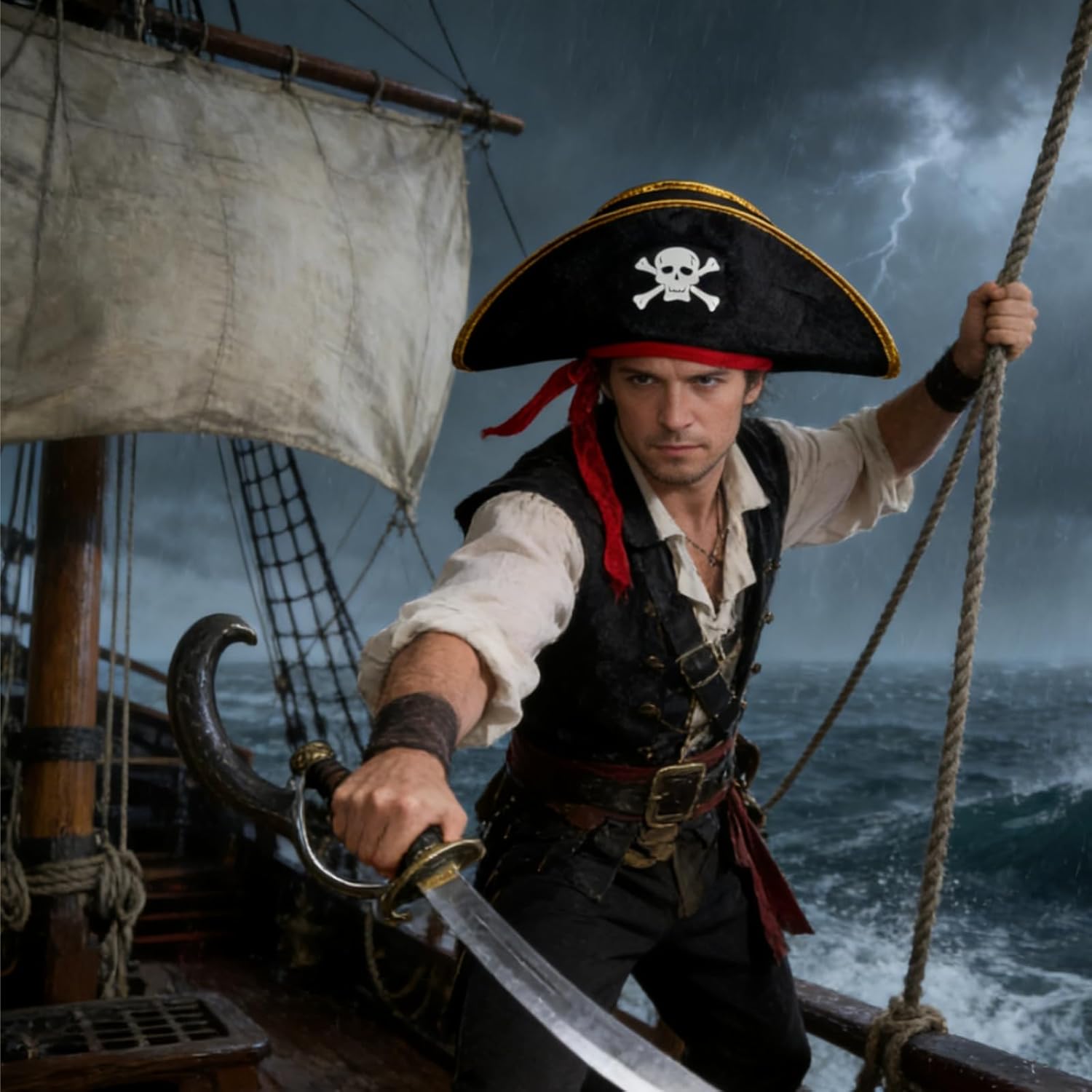 3Pcs Pirate Hat & Stuffed Shoulder Parrot & Eye Patches, Pirates Costume Accessories Skull Print Patch for Woman Men Adults for Halloween School Shows and Cosplay Props - Image 5