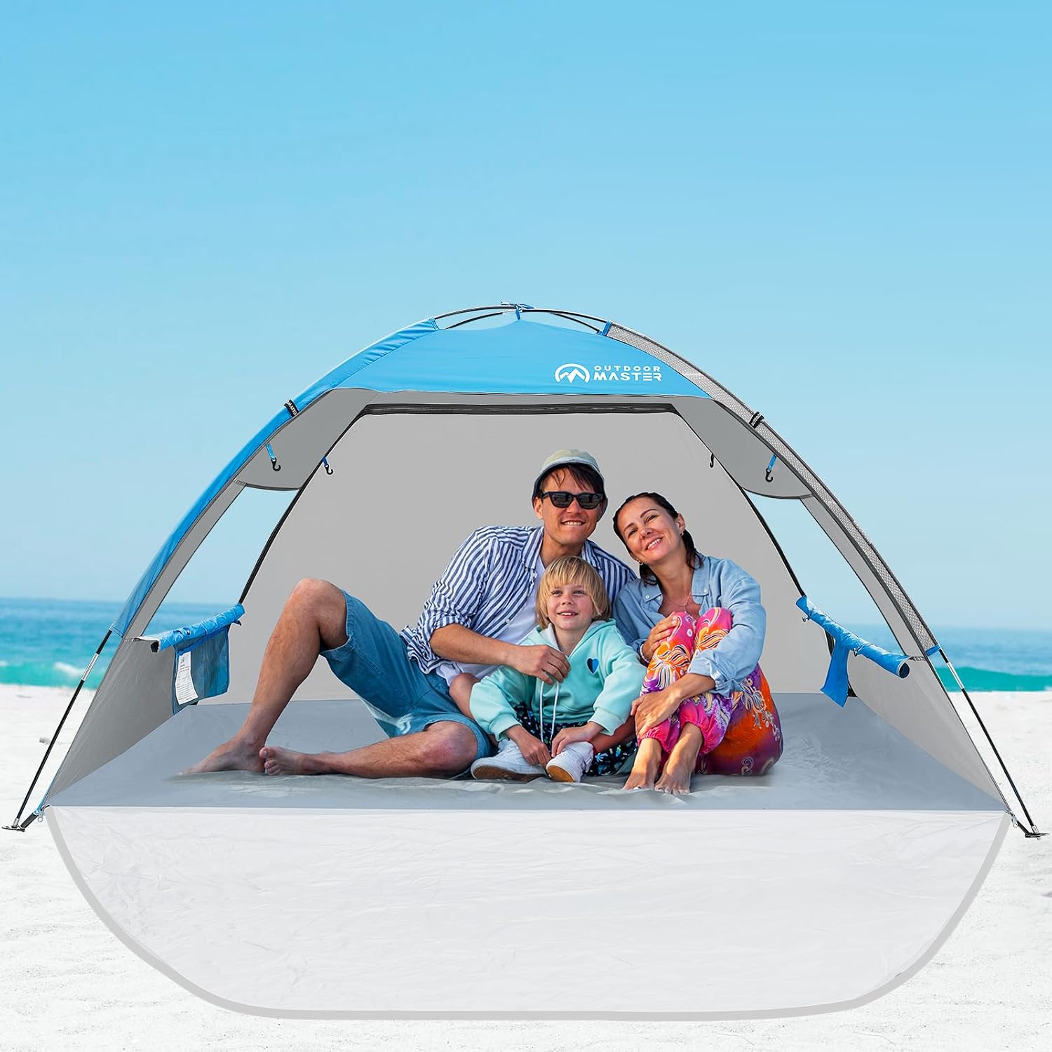 OutdoorMaster Beach Tent Sun Shelter with 2 Ventilated Doors, UPF50+ Easy Setup Beach Tent Canopy for 3 Person, Lightweight & Portable Family Beach Umbrellas for Sand with Carrying Bag - Blue
