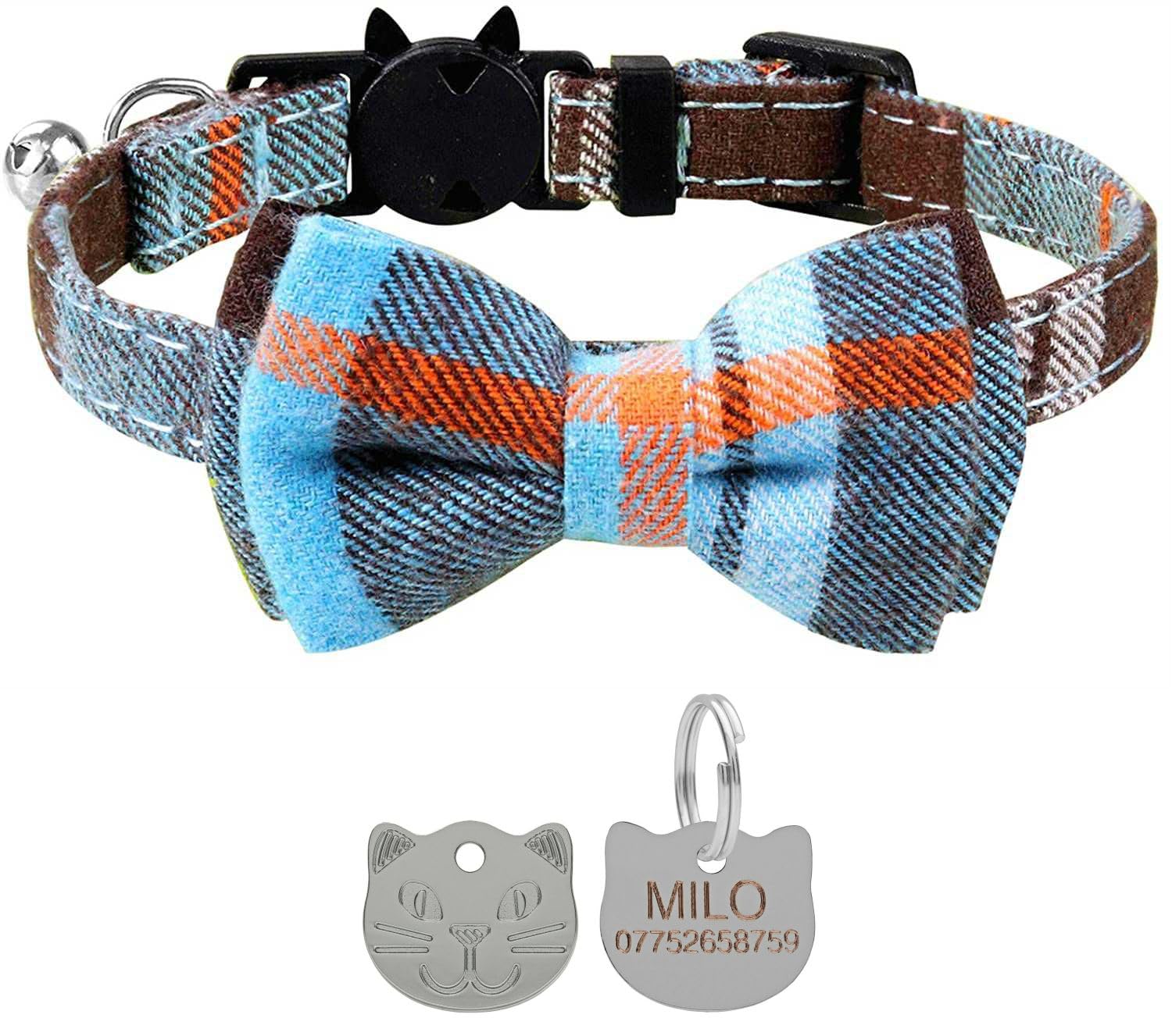 Cat Collar with Bell and Bow Tie, Quick Release Safety Buckle Collars for Kitten and Cats, Soft Tartan Design - With Personalised Engraved Silver Cat Face ID Tag (Haze Blue)