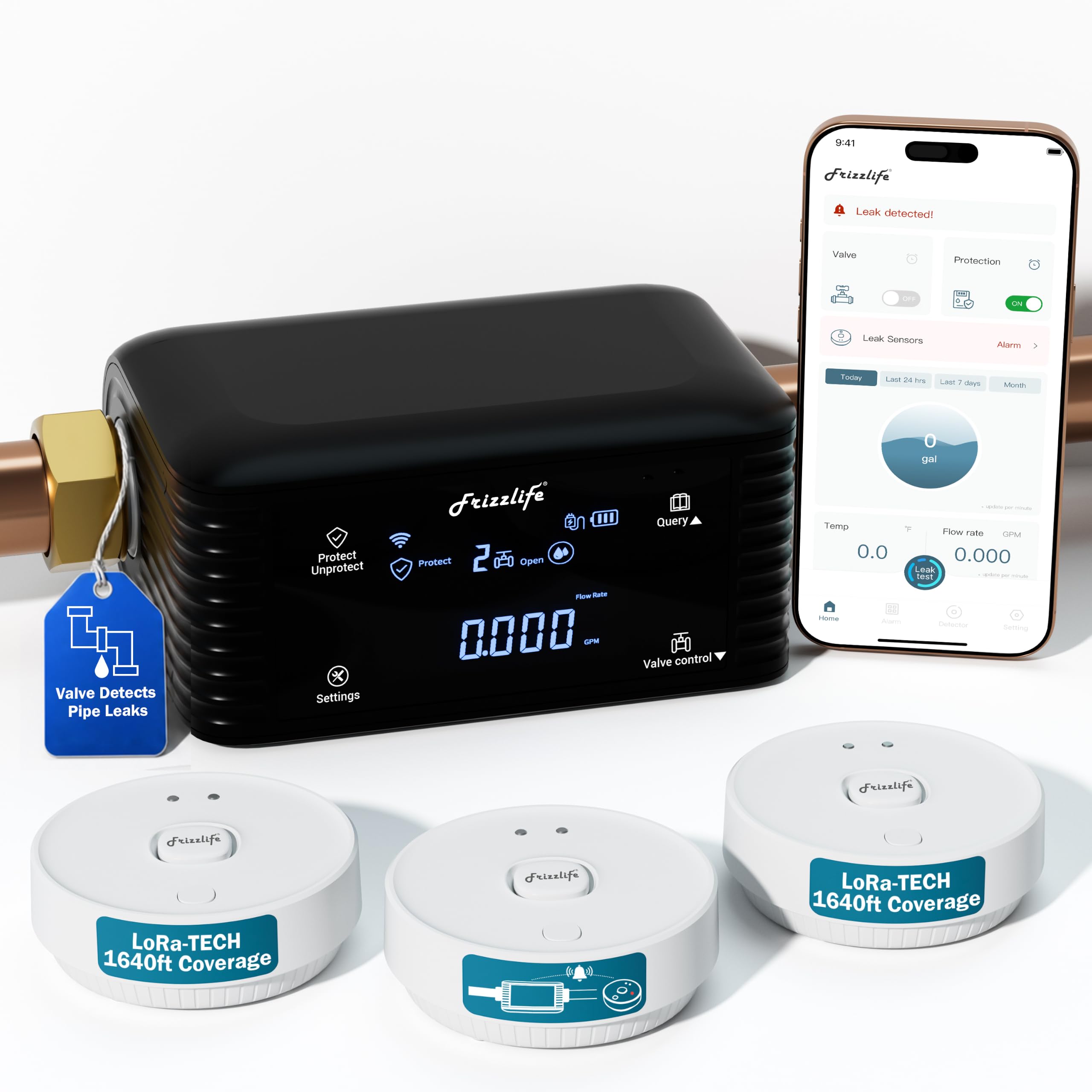 Frizzlife LPG365 Smart Water Monitor with 3 Leak Sensors