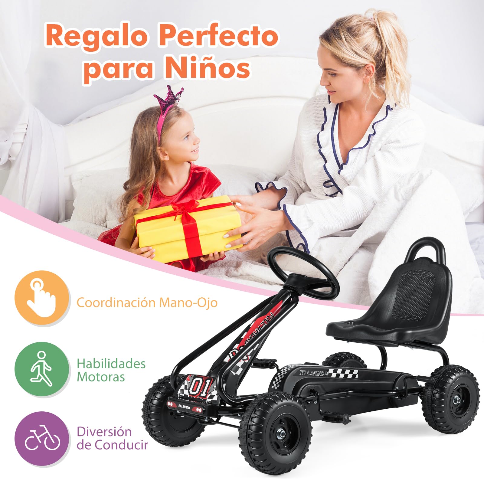 GOPLUS Vehículo de Pedales para Niños, Carrito con 4 Ruedas No Deslizantes, Go Kart con Asiento Acogedor y Freno Manual, 3-6 Años (Negro)