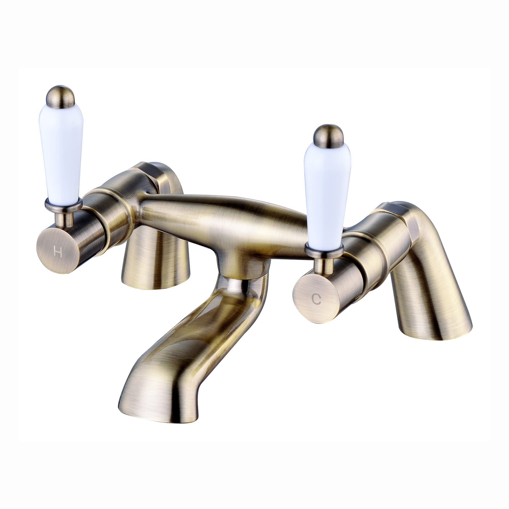 Enki Antique Brass Downton, Bt0813 Bath Mixer Tap With White Ceramic Levers