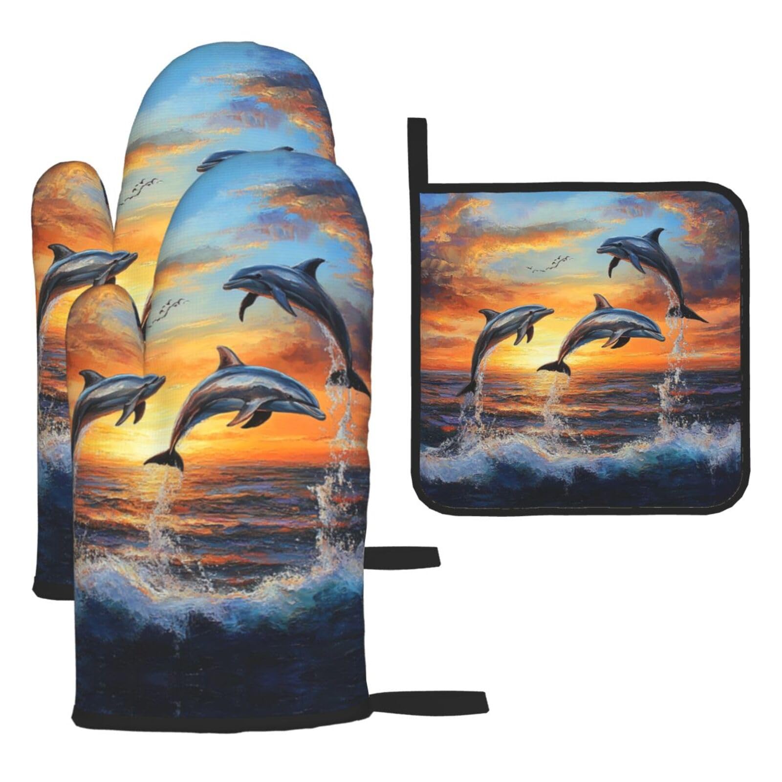 Oven Mitts and Pot Holders Set of 3 Heat Resistant Non-Slip Kitchen Gloves Hot Pads Dolphins at Sunset Mittens Non-Slip Potholders for Cooking Baking Grilling BBQ