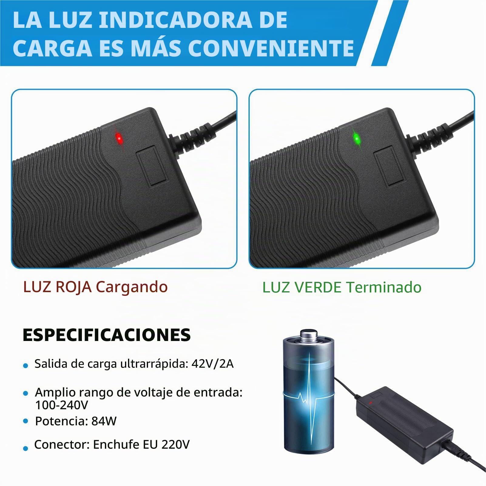 JIZZU 42V 2A Cargador Patinete Eléctrico Universal para Hoverboard, Scooters Eléctricos M365 1S