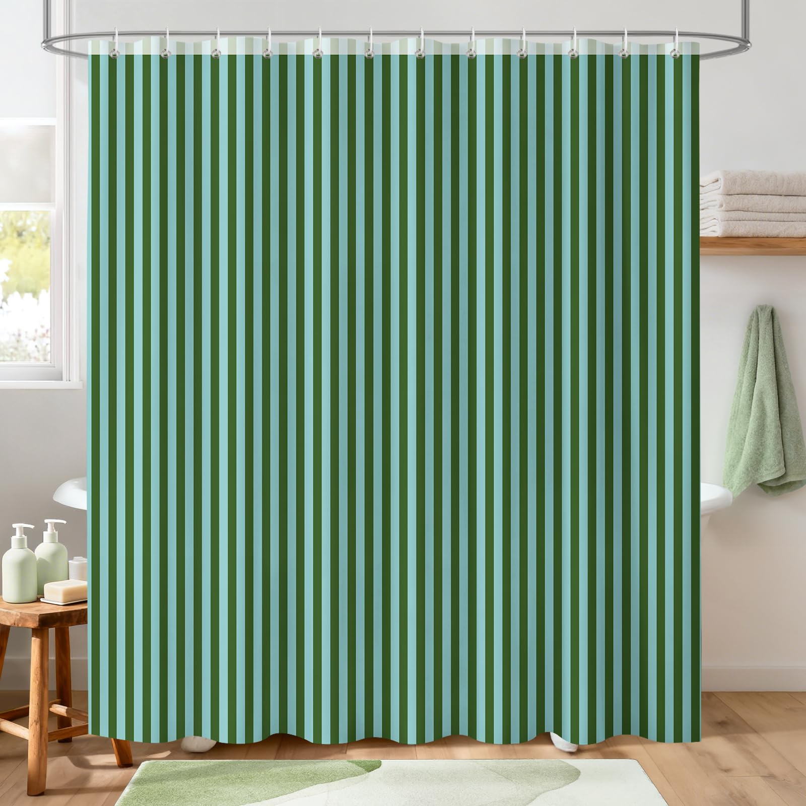 Hopomoon Tenda da doccia a righe verde e blu, tenda da bagno vintage in poliestere impermeabile con righe verticali geometriche verde blu e 12 ganci, 198 x 183 cm