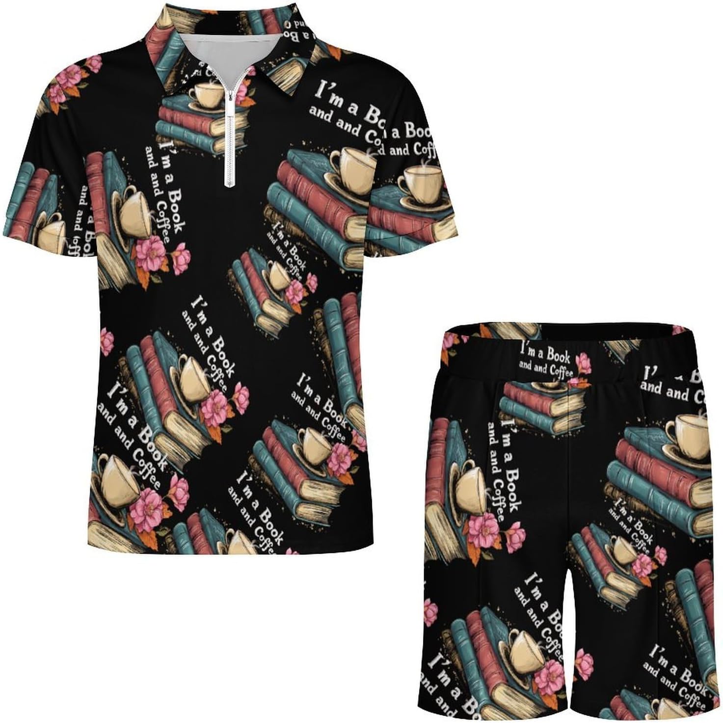 Book Coffee Print Mens Polo Shirts Track Suits 2 Piece Short Sleeve Sweatsuit 1/4 Zip Golf Loungewear for Sports