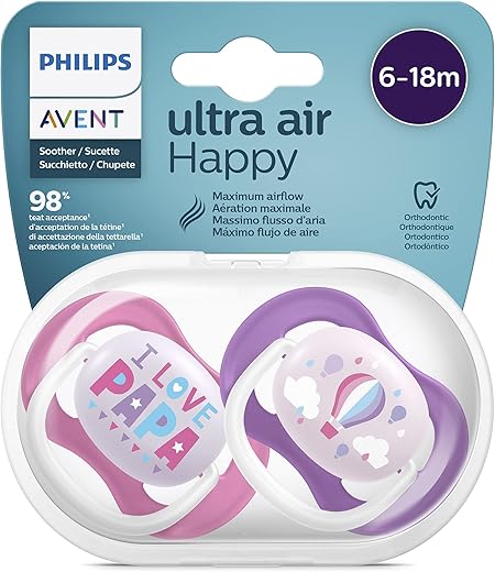 Philips Avent Scf080/04, Paquete De 2 Chupetes Ultra Air, 6-18 Meses, Tetina Blanda, color Morado Y Rosa Frambuesa - Pack de 2