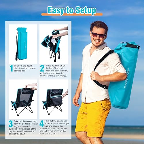 Miniatura 8 de CHANGE MOORE Silla de playa baja con bolsa enfriadora 2 en 1, soporta hasta 300 libras, sillas de playa plegables para adultos, paquete de 2 con