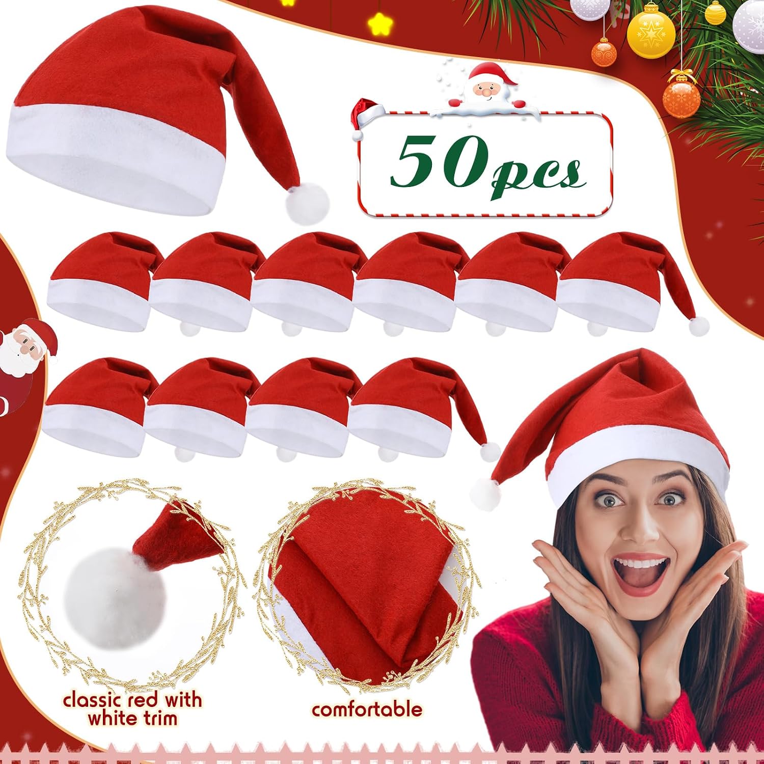 Seajan 50 Pcs Santa Hat with 50 Pcs Christmas Bell Necklaces Xmas Hat and Necklace for Xmas Party Supplies Kids Adults(Red)
