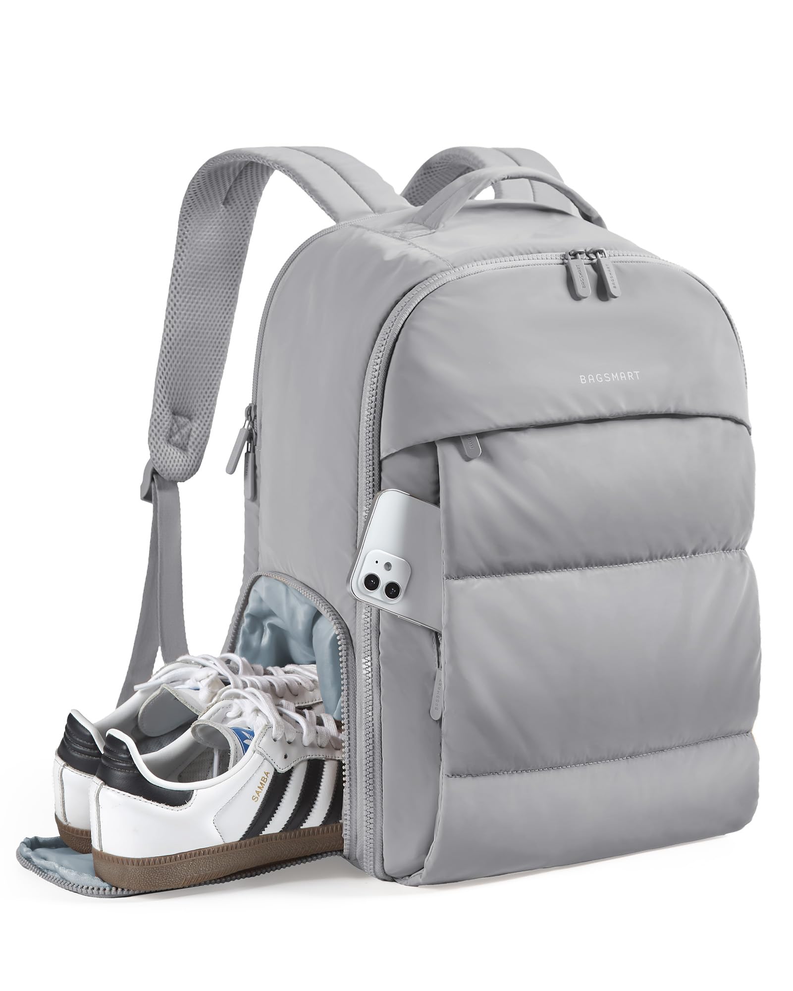 BAGSMART 30L Travel Backpack for Women, Carry on Backpack for Airplanes, Gym Backpack with Shoe Compartment, Lightweight Travel Bag Fits 15.6 Inch, Water-Resistant, Grey