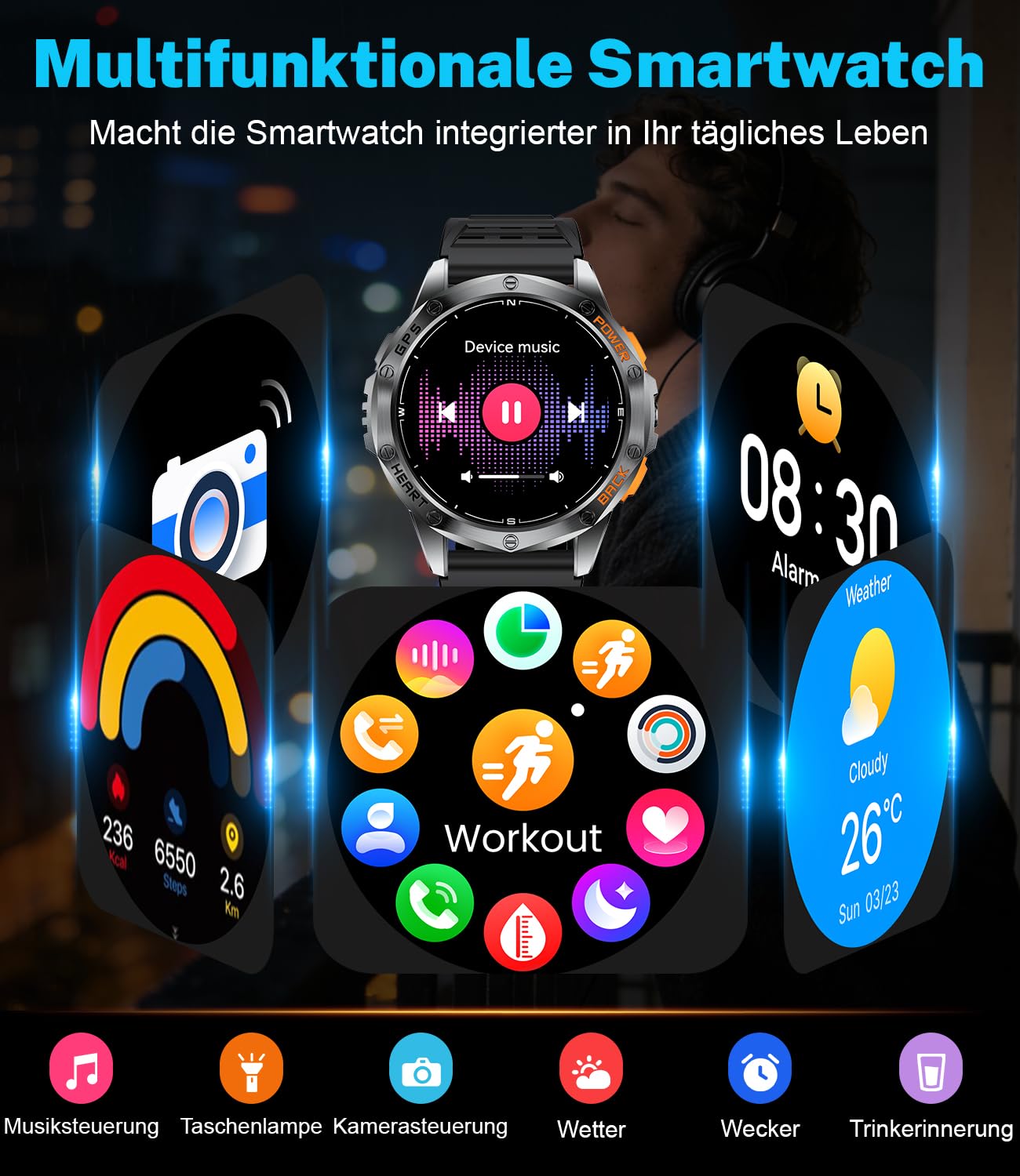 LIGE GPS Smartwatch Herren, Barometerdruck/Höhenmesser/Kompass, 1,43" AMOLED Smart Watch mit LED Taschenlampe/124 Sportmodi/10ATM/Bluetooth Anrufe/Gesundheitsmonitor für Android iOS, DM1-H